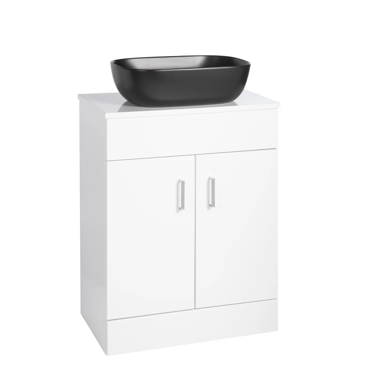 Nuie Eden 600mm Floor Standing 2-Door Countertop Vanity Unit with Matt Black Basin- Gloss White - Image 2