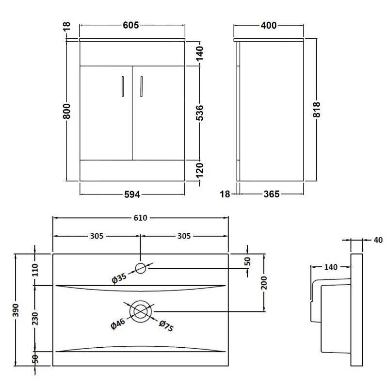Nuie Eden 600mm Floor Standing 2-Door Vanity Unit & Basin - Gloss White with Brushed Brass Handles - Image 3