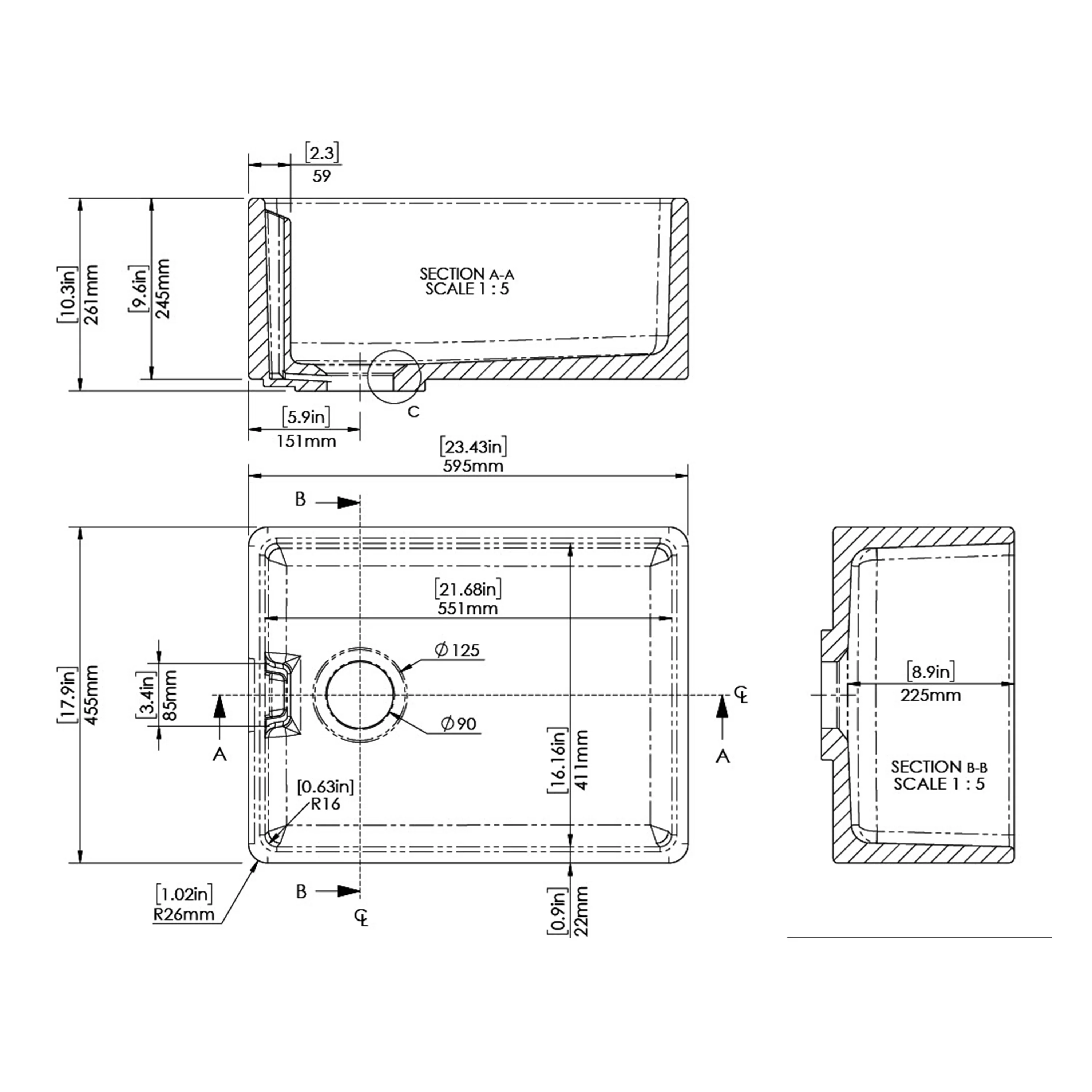 Nuie Fireclay Belfast Sink 595x455x254 - White - Image 4