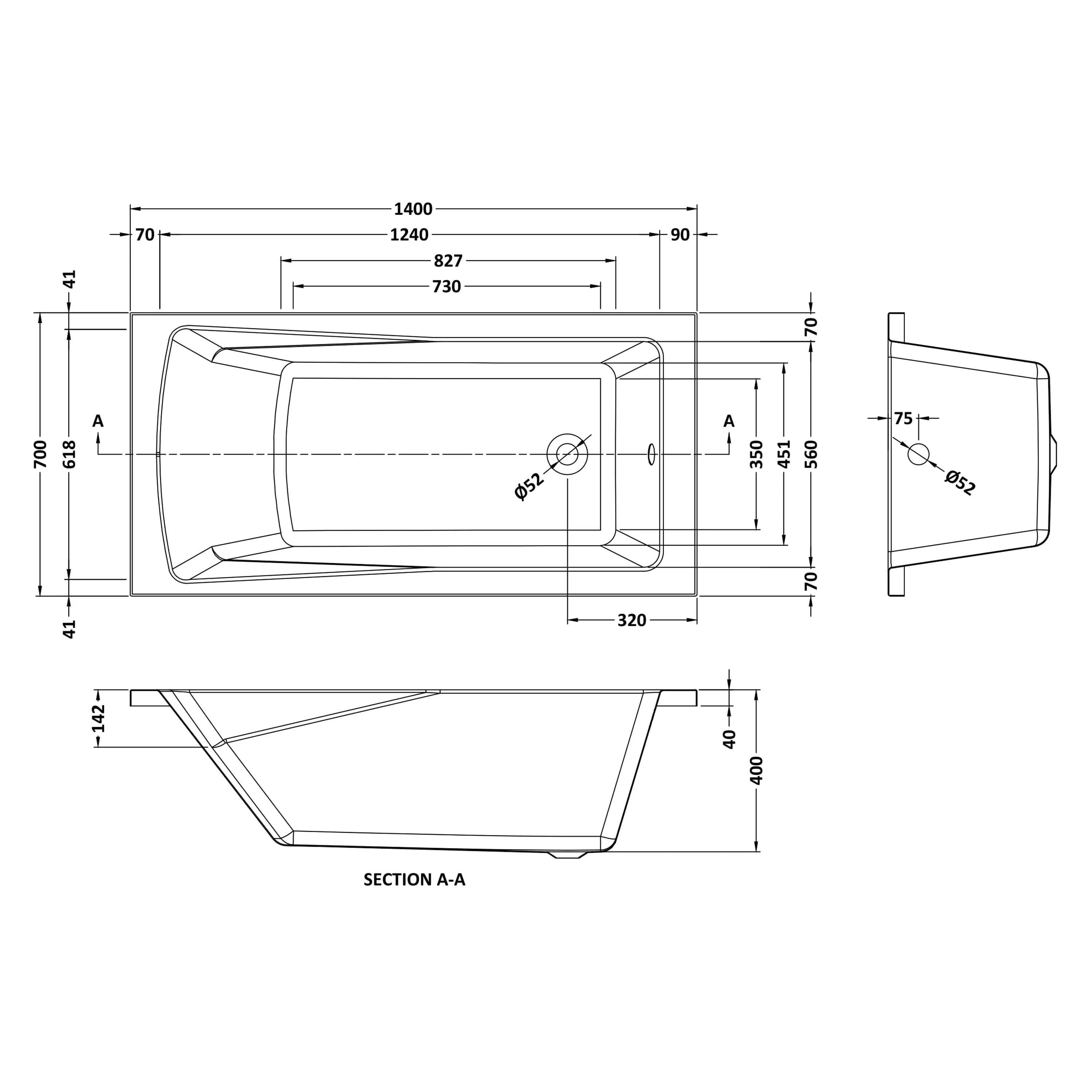 Nuie Linton Square Single Ended Bath 1400 x 700mm - White - Image 3