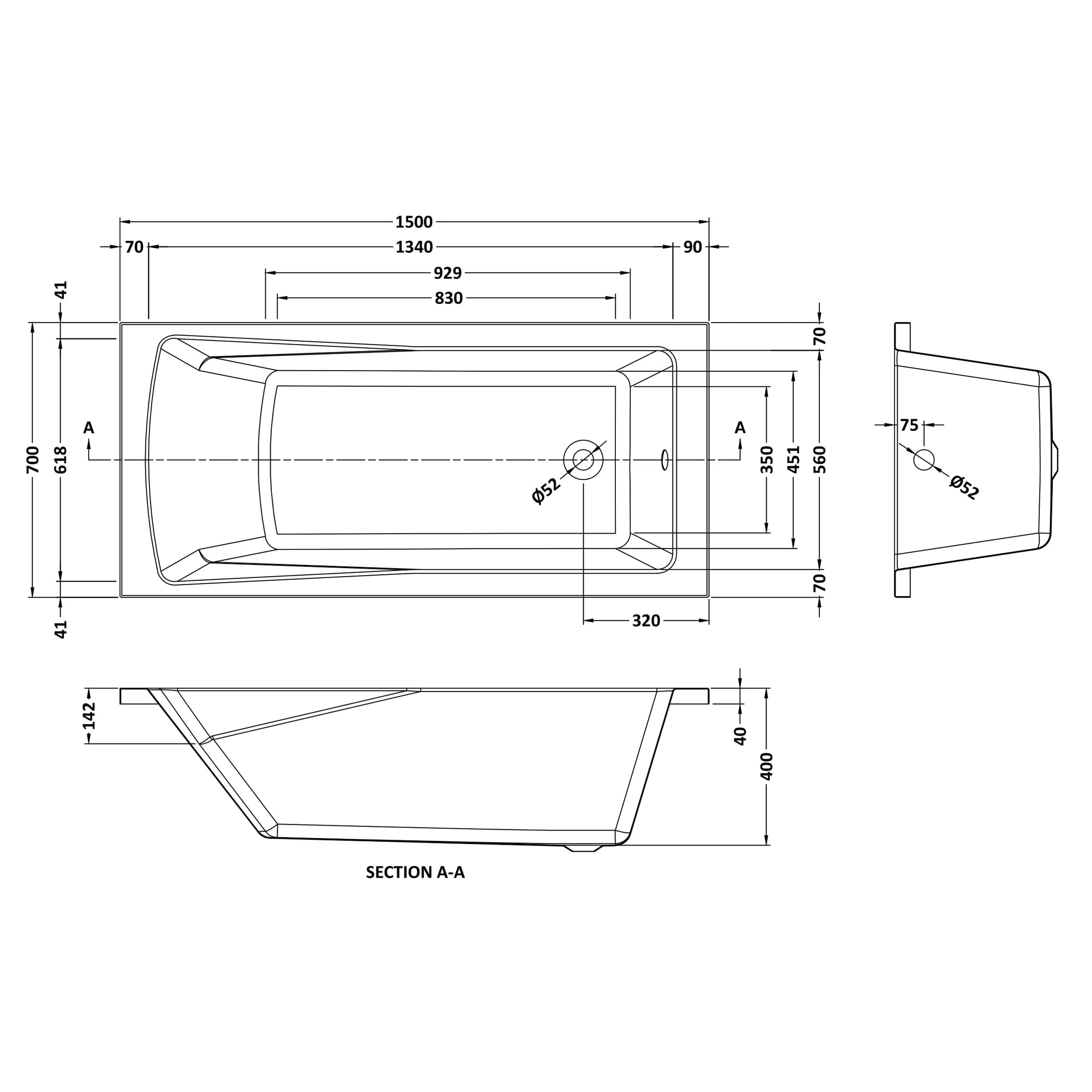 Nuie Linton Square Single Ended Bath 1500 x 700mm - White - Image 3