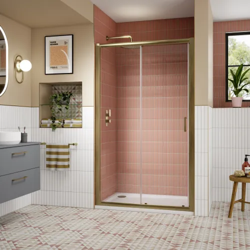 Lucie Brushed Brass 1700mm Sliding Shower Door - 8mm Glass - Image 2