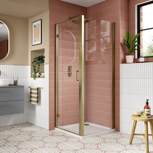 Lucie Brushed Brass 900mm Hinged Shower Door - 8mm Glass - Image 2