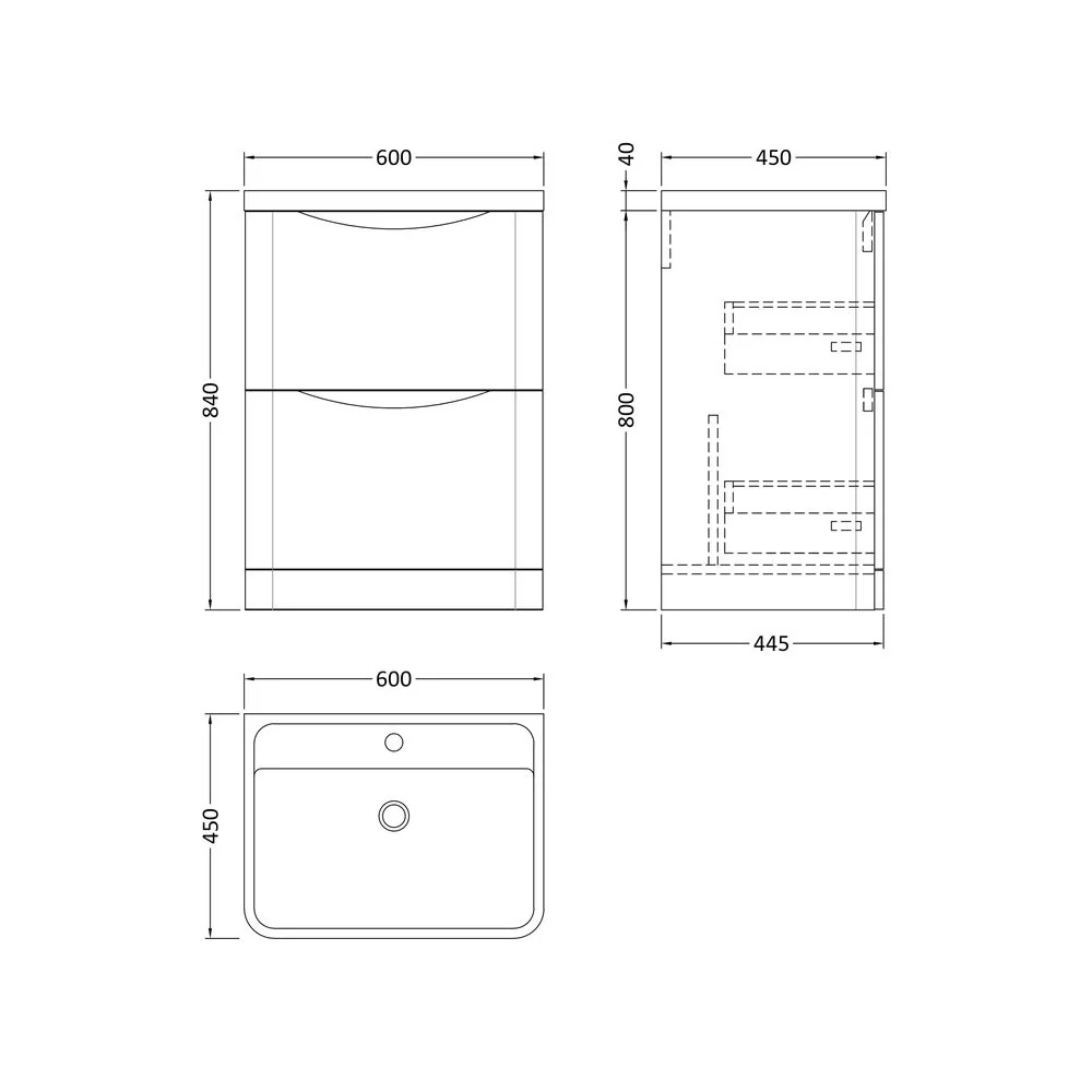 Nuie Lunar 600mm Floor Standing 2-Drawer Unit & Polymarble Basin - Satin White - Image 3