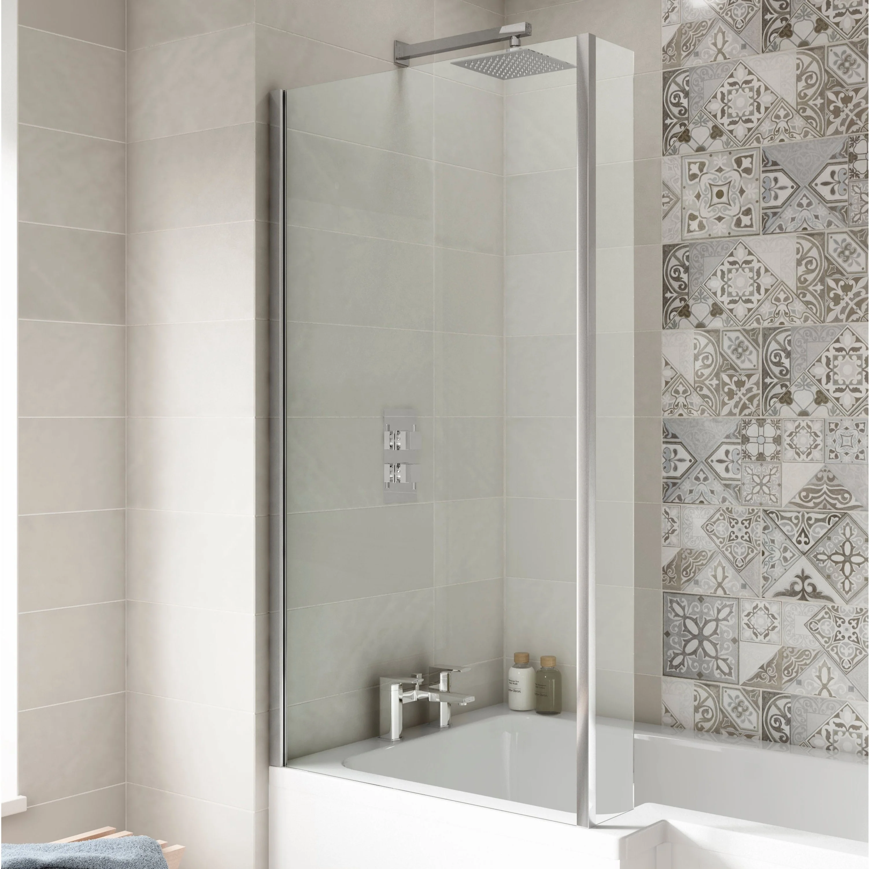 Nuie Pacific L-Shaped Fixed Bath Screen 1400 x 815mm - Polished Chrome