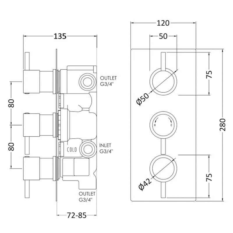Nuie Quest Rectangular Concealed Shower Triple Valve With Diverter - Chrome - Image 4