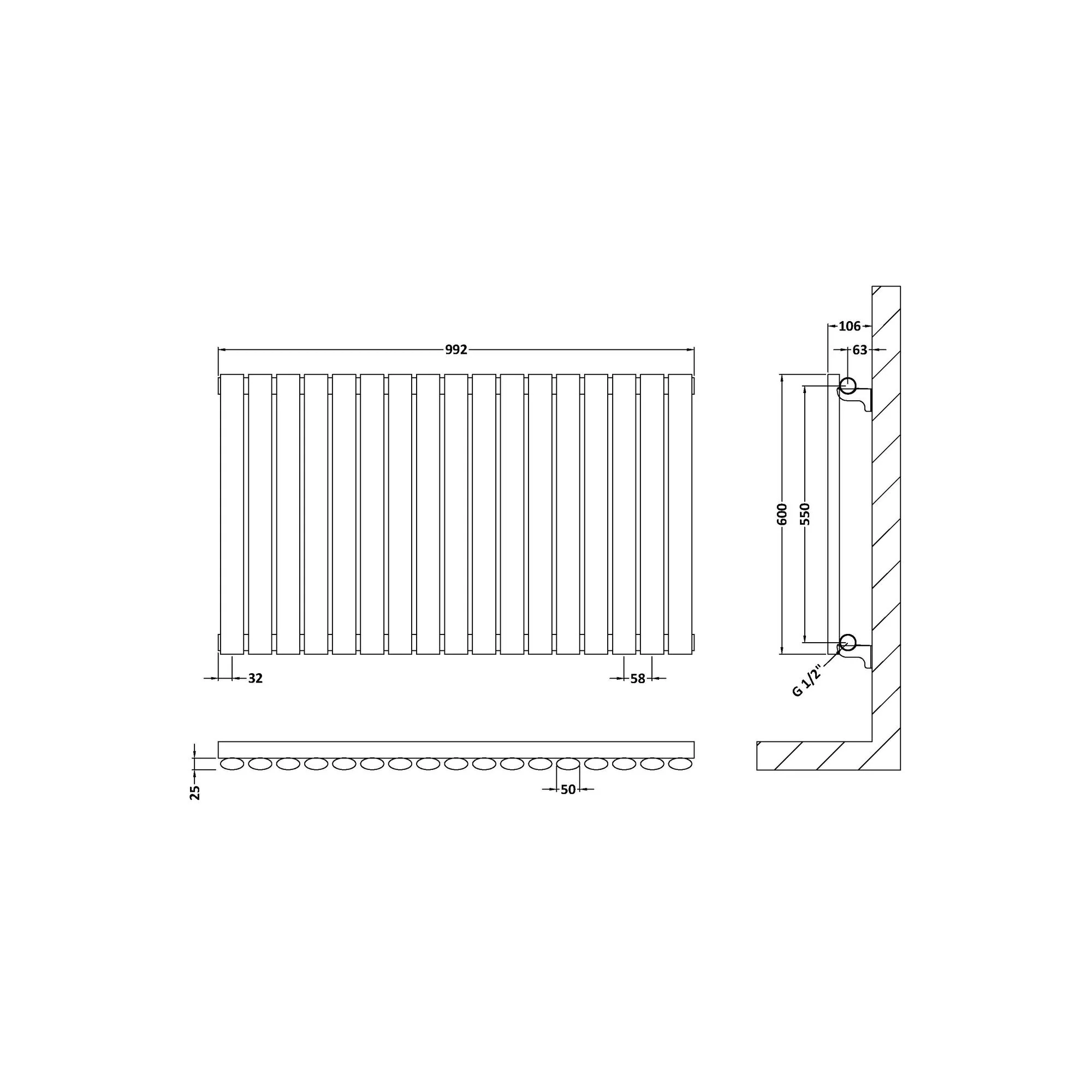 Nuie Revive Horizontal Single Panel Radiator 600 x 992 - High Gloss White - Image 3