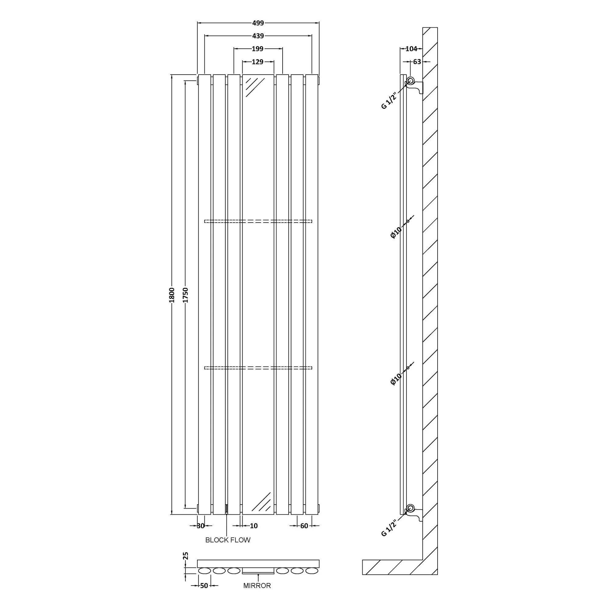 Nuie Revive Single Panel Radiator With Mirror 1800 x 499 - High Gloss White - Image 2