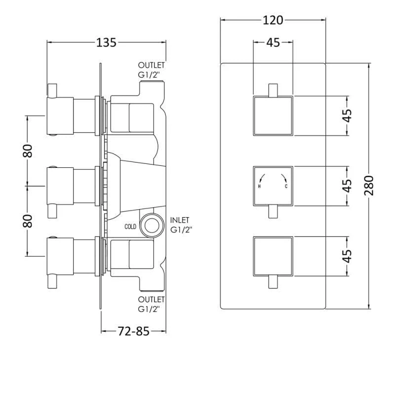 Nuie Series L Concealed Shower Valve Triple Handle Chrome - Image 3