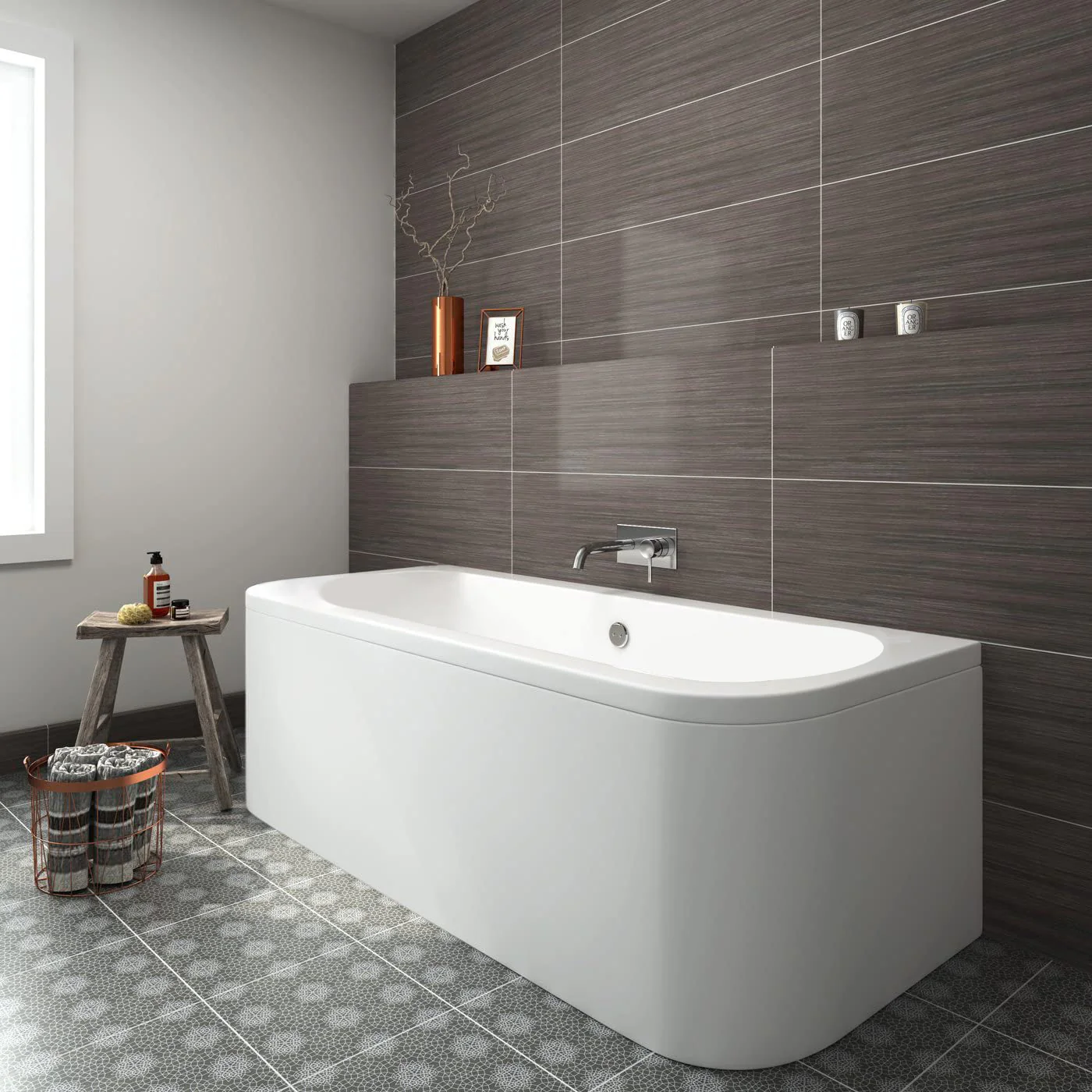Double Ended Curved Back To Wall Bath & Panel - White