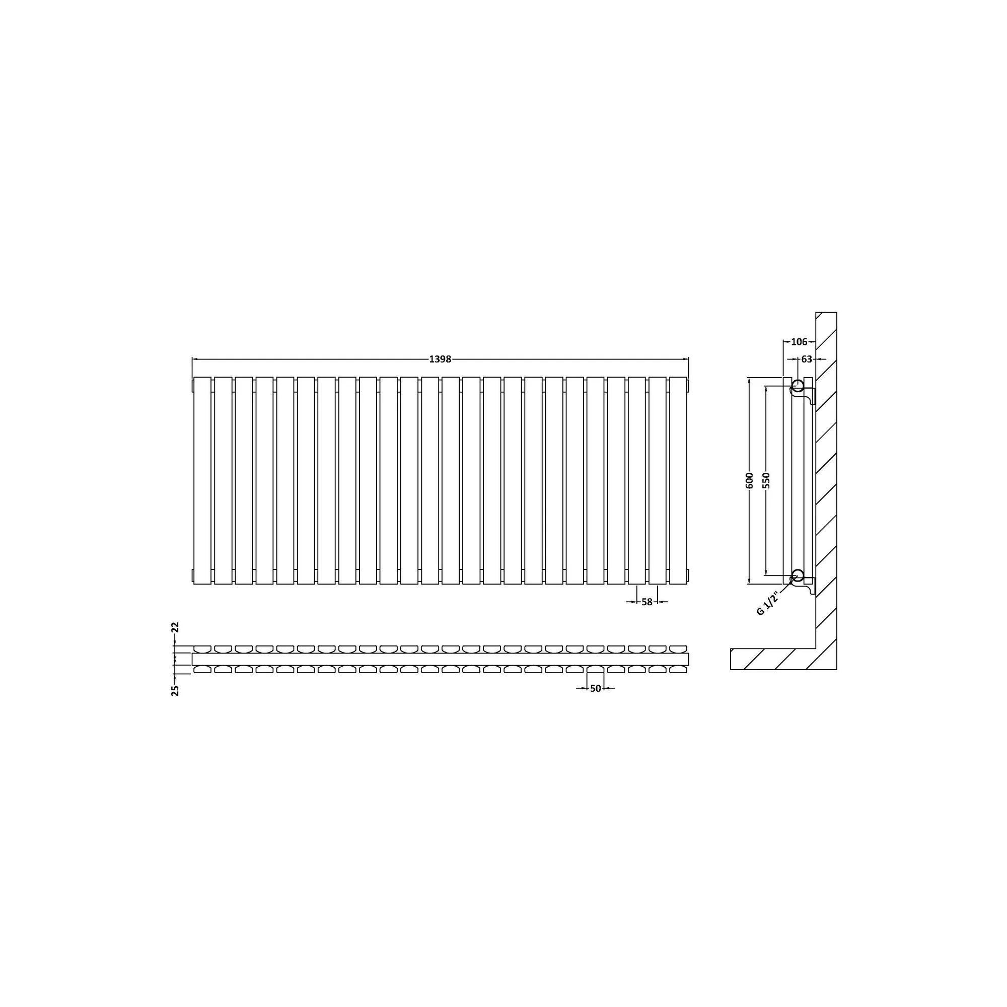 Nuie Sloane Horizontal Double Panel Radiator 600 x 1398 - Anthracite - Image 3