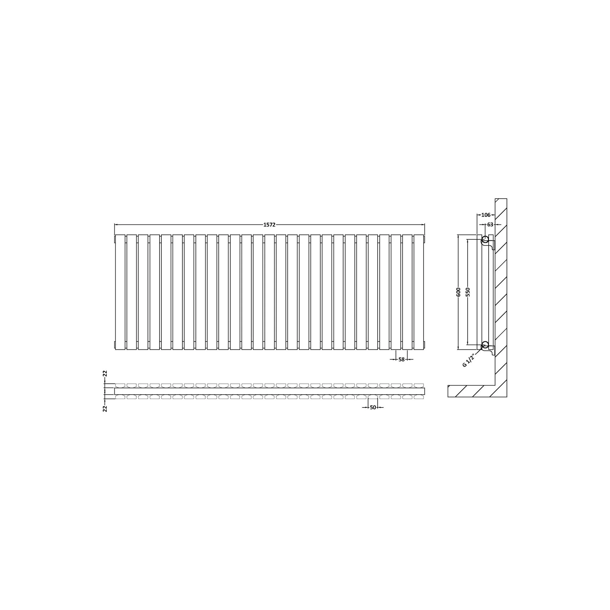 Nuie Sloane Horizontal Double Panel Radiator 600 x 1572 - Anthracite - Image 3