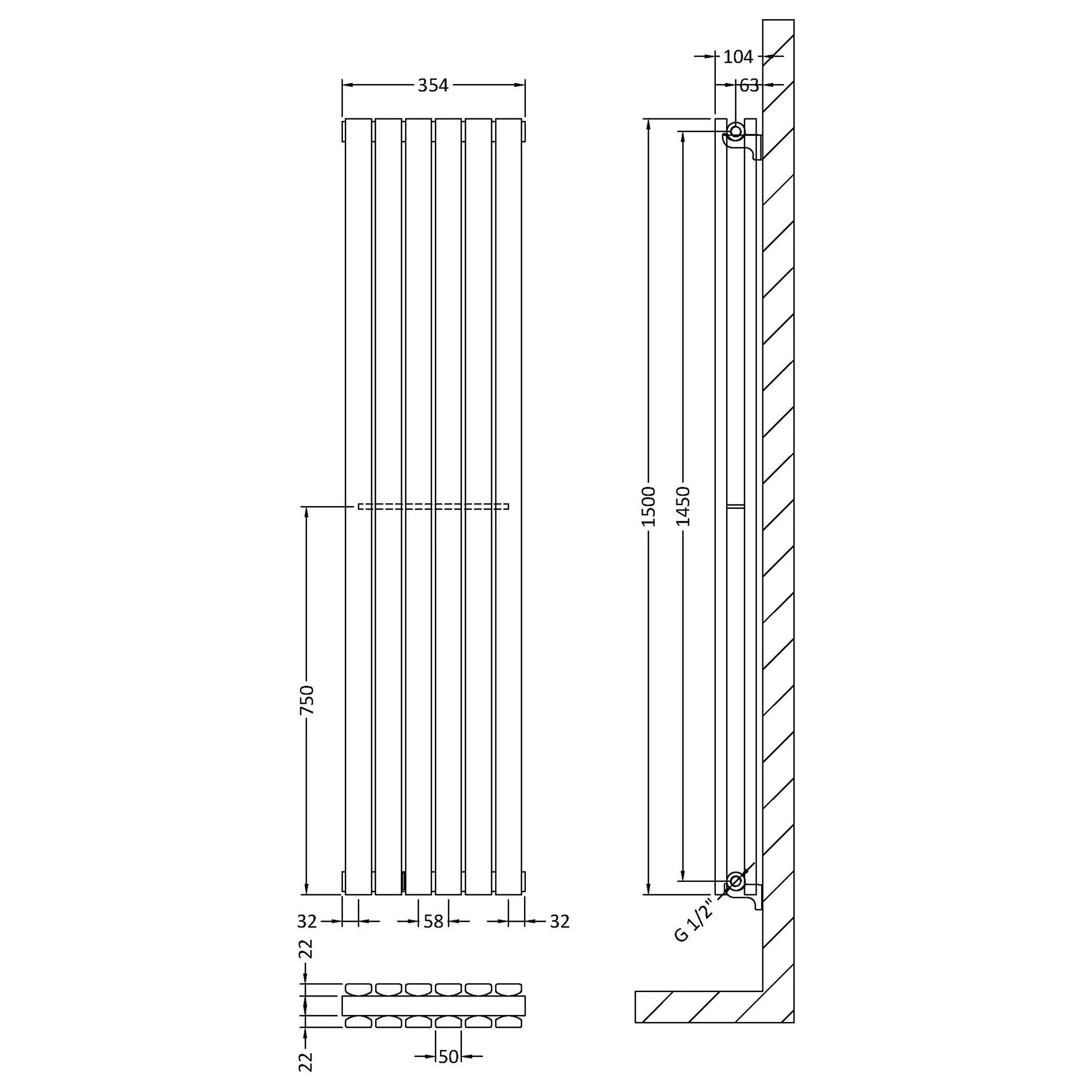 Nuie Sloane Double Panel Designer Radiator 1500 x 354 - Anthracite - Image 3
