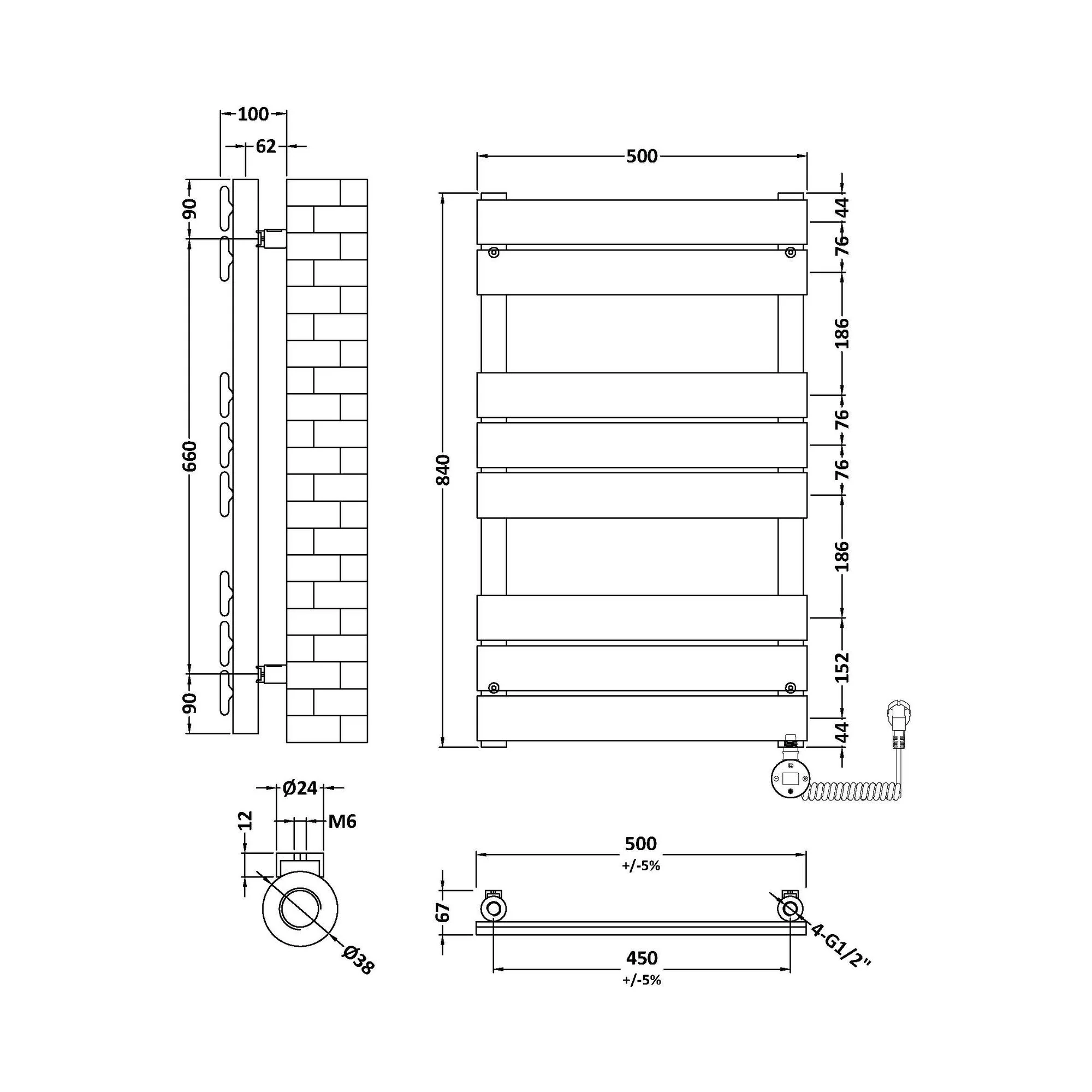 Nuie Square Flat Towel Radiator 840x500 - Matt Black - Image 3