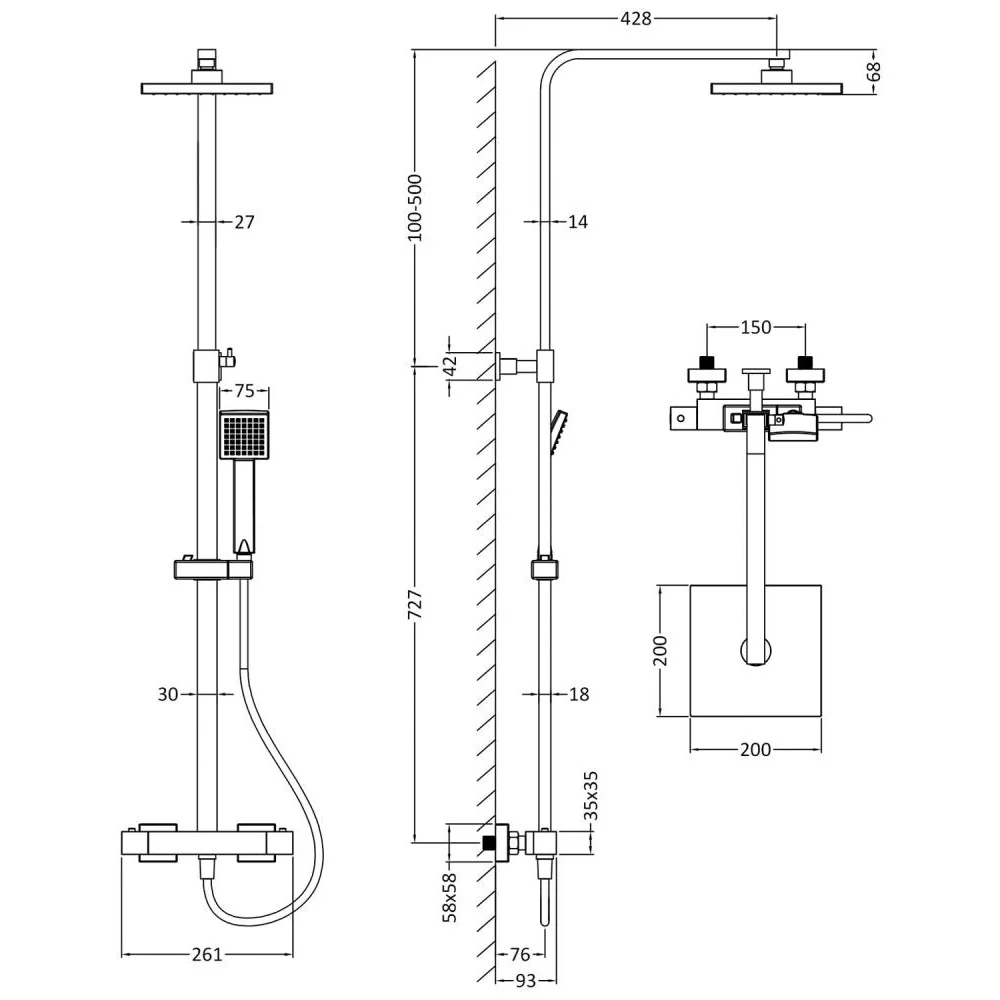Nuie Square Thermostatic Bar Valve & Shower Kit - Brushed Gun Metal - Image 3