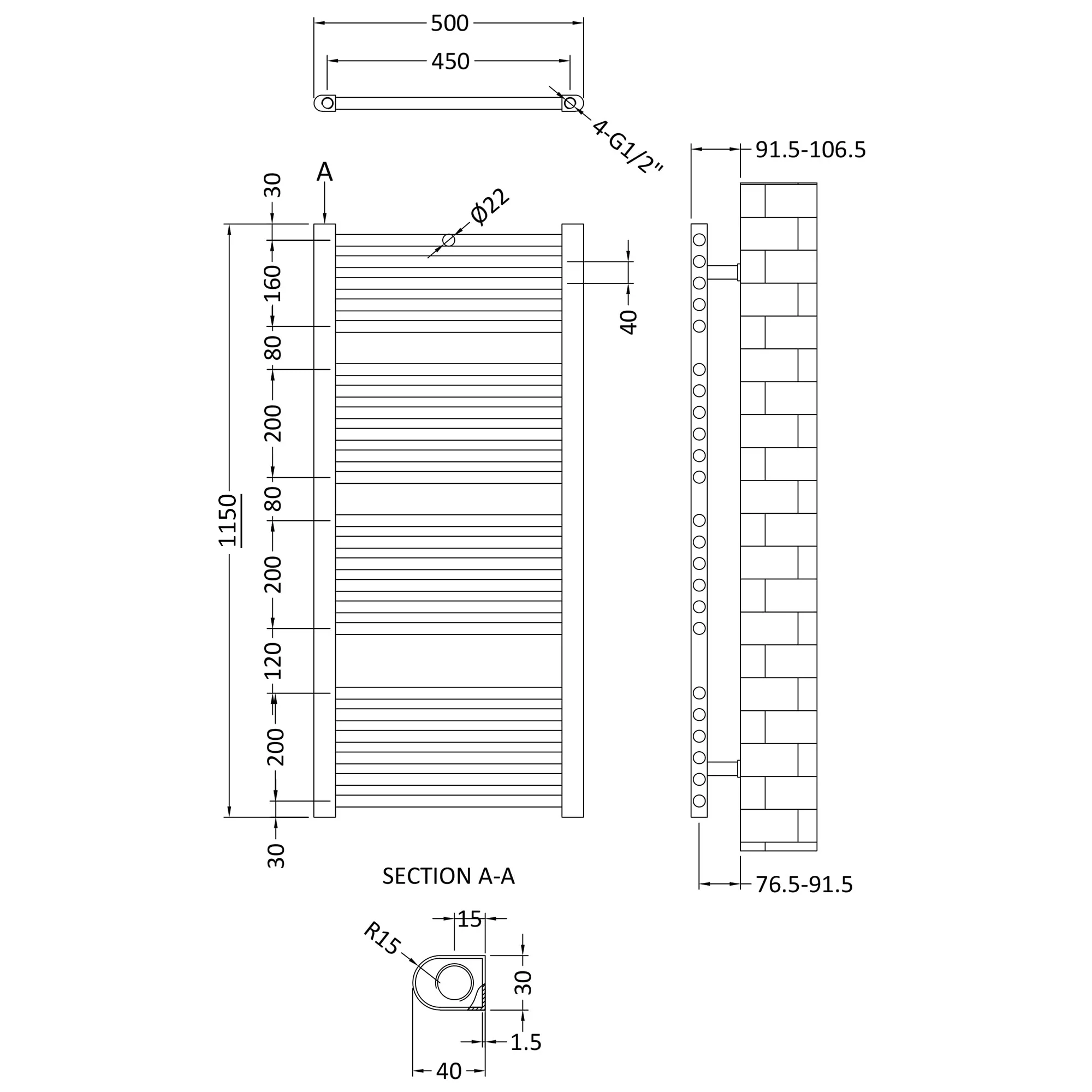 Nuie Straight 1150 x 500 Ladder Rail - Anthracite - Image 3
