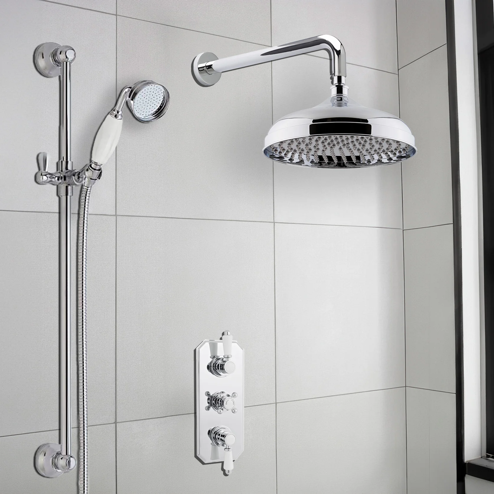 Nuie Victorian Thermostatic Concealed shower Valve with Fixed Shower Head , Arm & Slide Rail Kit - Chrome - Image 2