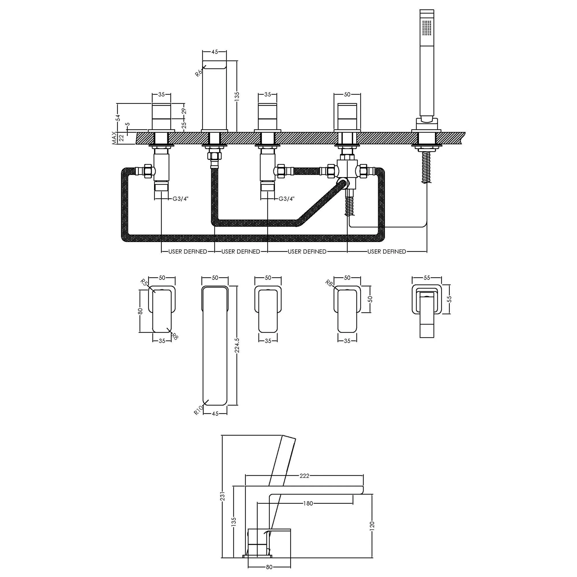 Nuie Windon  Deck Mounted 5 Tap Hole Bath Shower Mixer - Chrome - Image 4