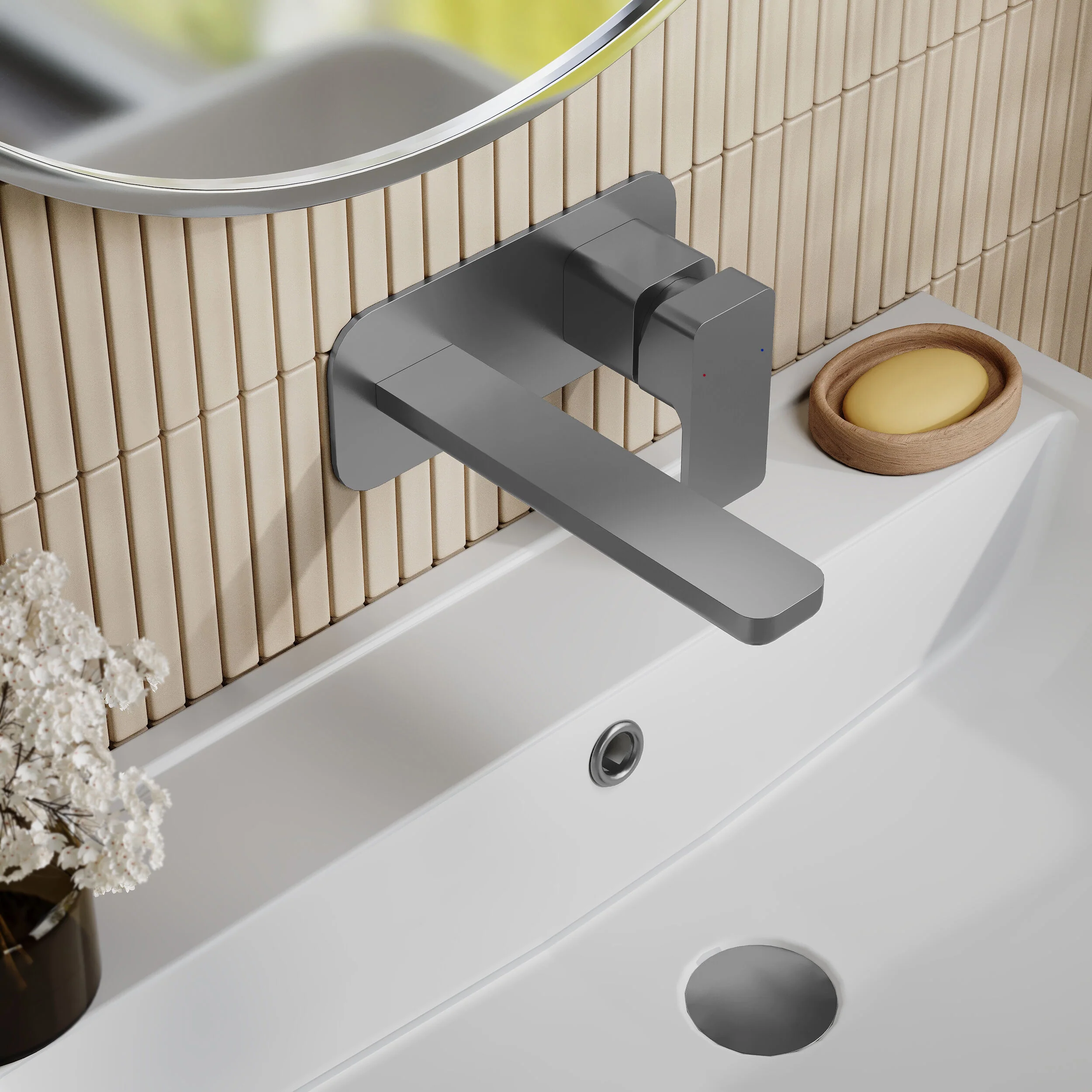 Nuie Windon Wall Mounted 2 Tap Hole Basin Mixer With Plate - Brushed Gun Metal