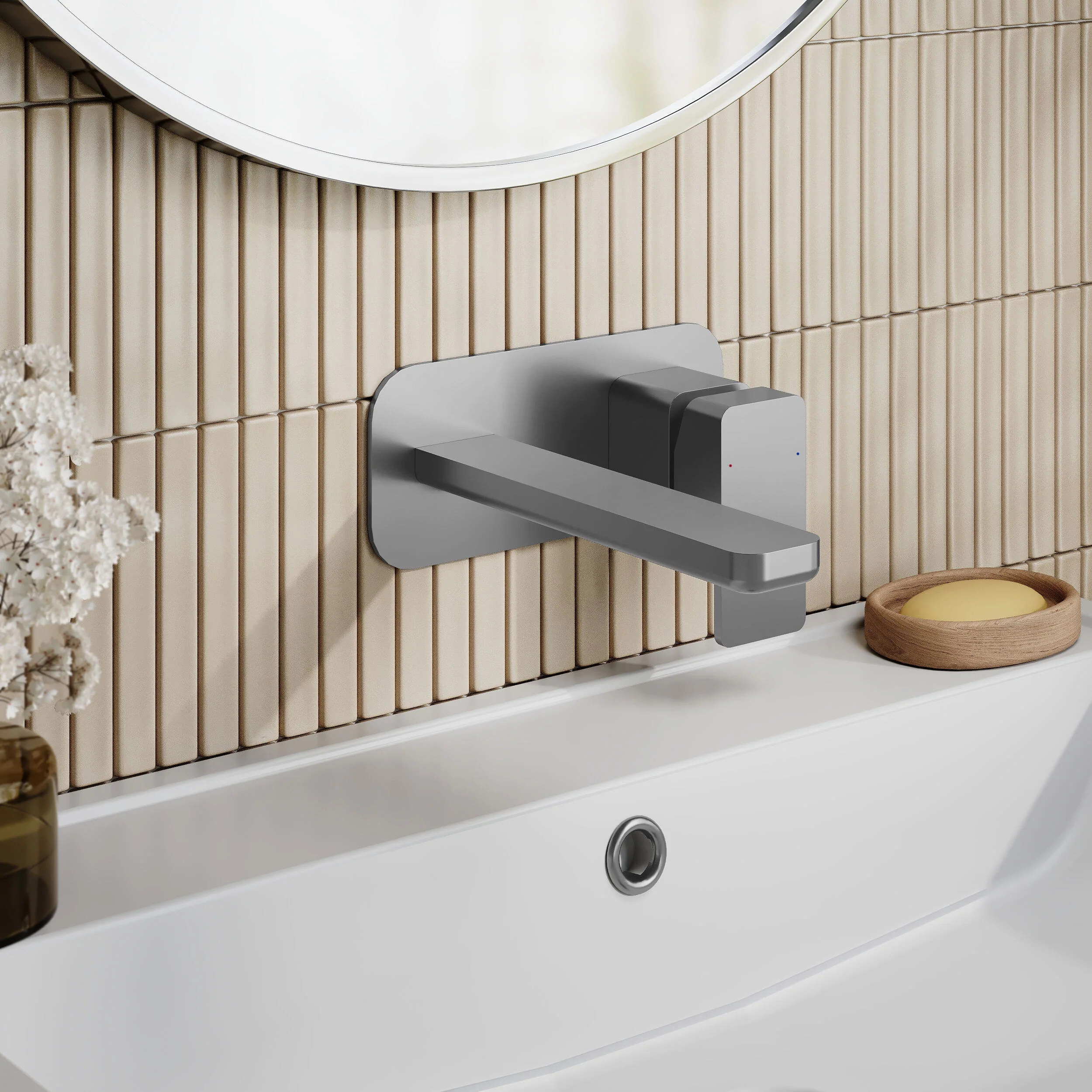 Nuie Windon Wall Mounted 2 Tap Hole Basin Mixer With Plate - Brushed Gun Metal - Image 3