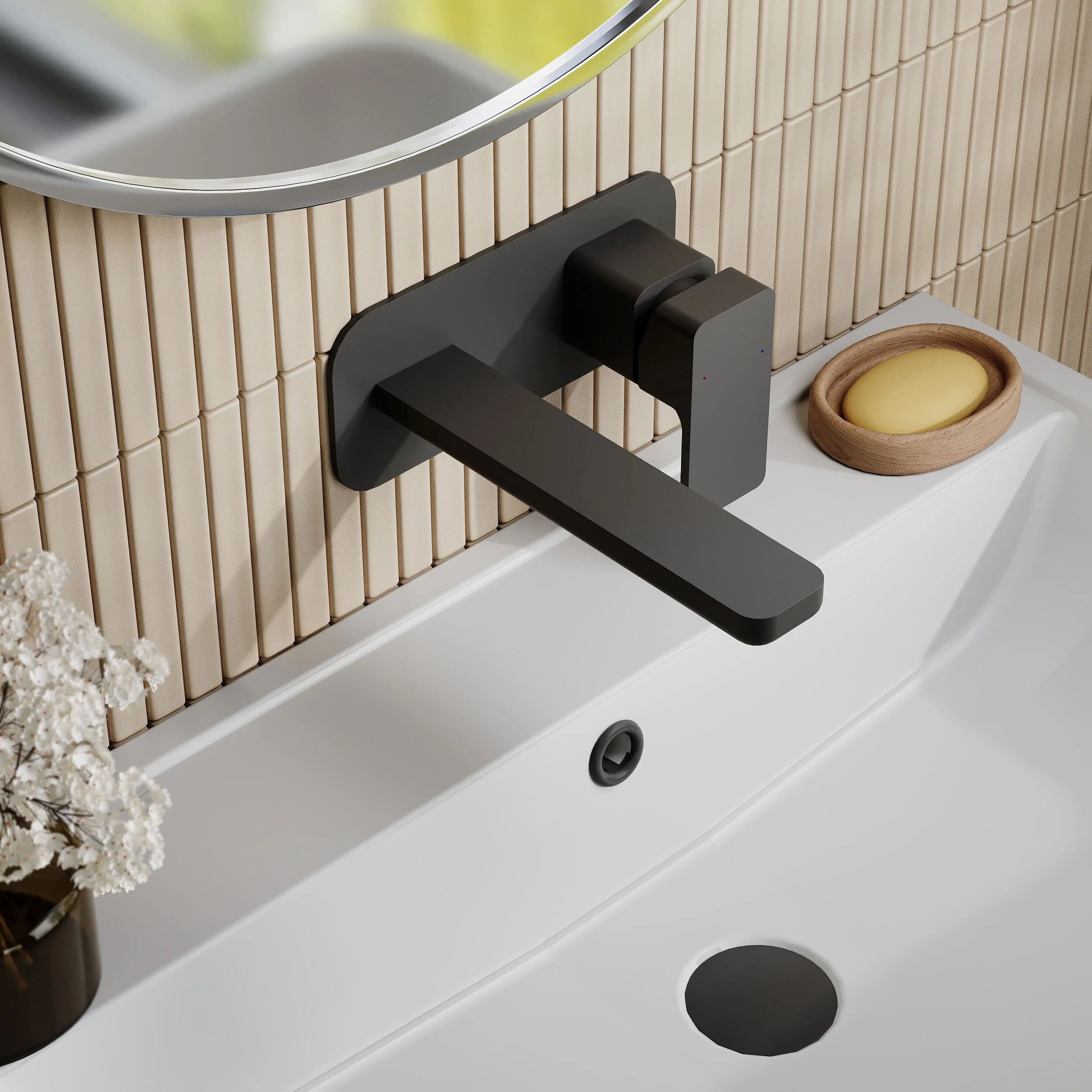 Nuie Windon Wall Mounted 2 Tap Hole Basin Mixer With Plate - Matt Black