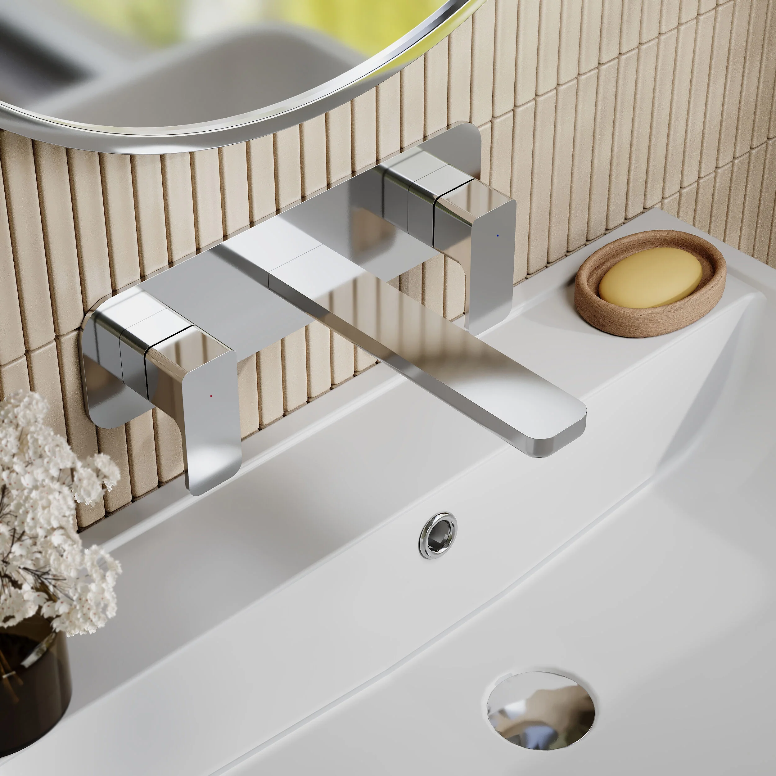 Nuie Windon Wall Mounted 3 Tap Hole Basin Mixer With Plate - Chrome