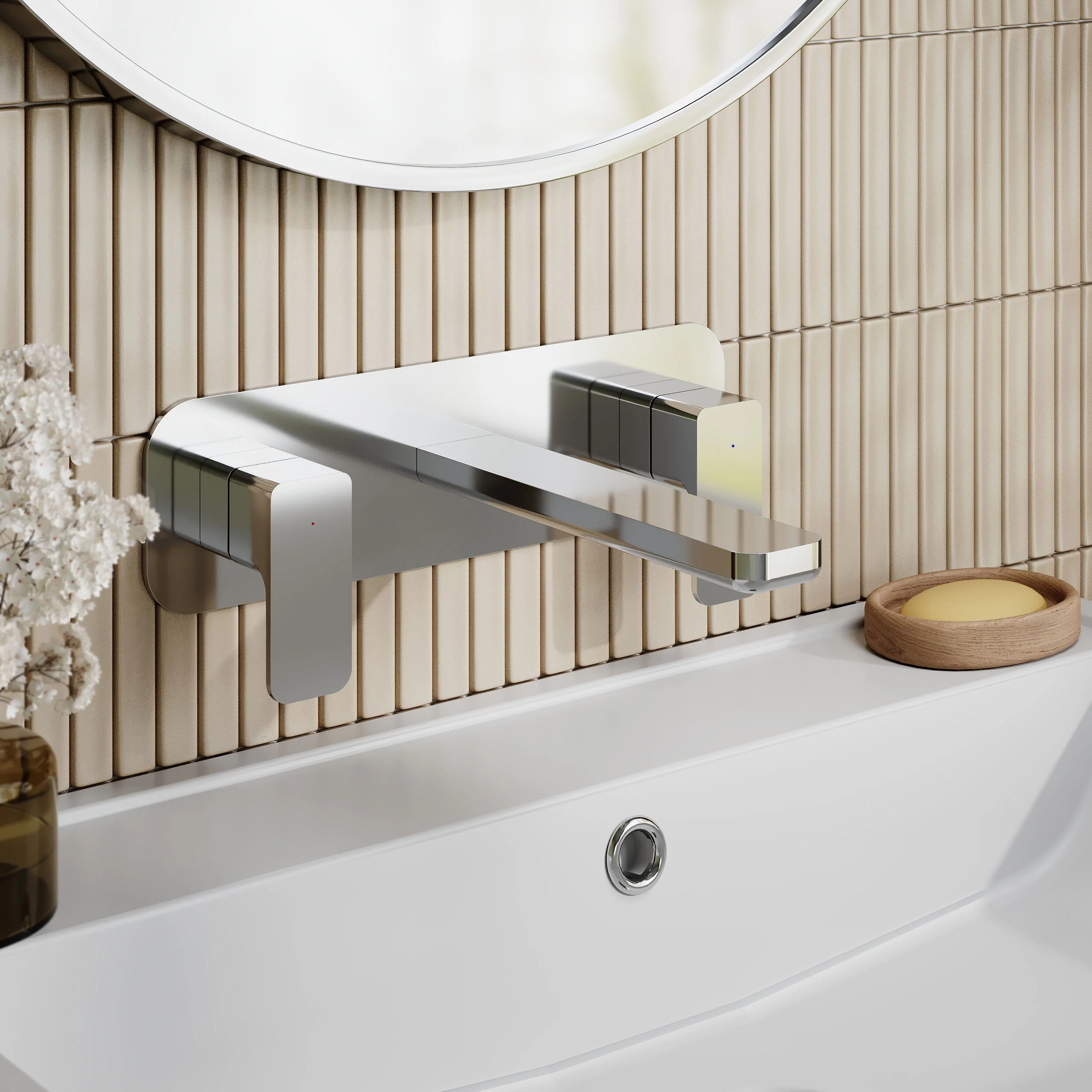 Nuie Windon Wall Mounted 3 Tap Hole Basin Mixer With Plate - Chrome - Image 3