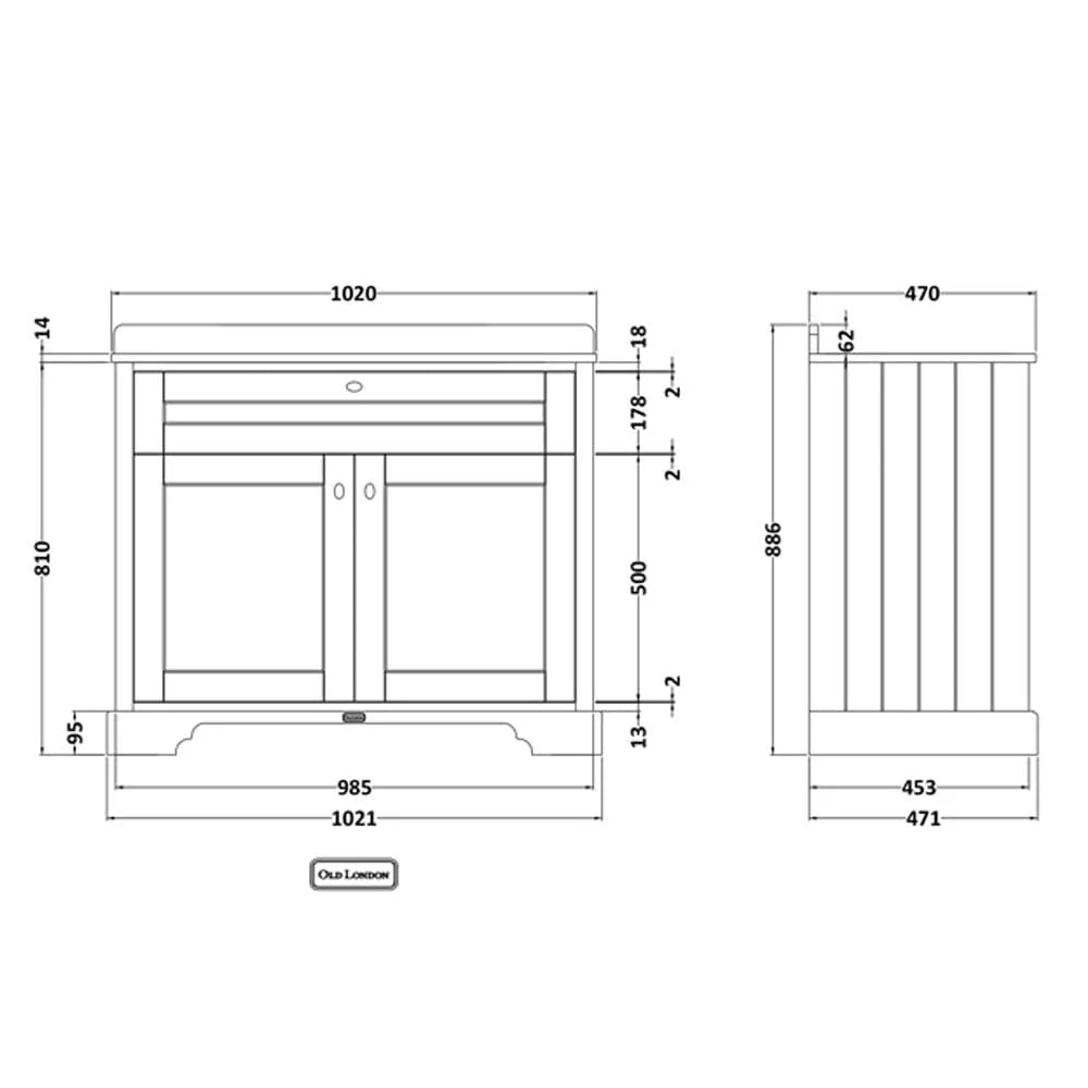 Hudson Reed Old London 1000mm 2-Door Vanity Unit & Single Bowl Grey Marble Top 1 Tap Hole - Storm Grey - Image 2