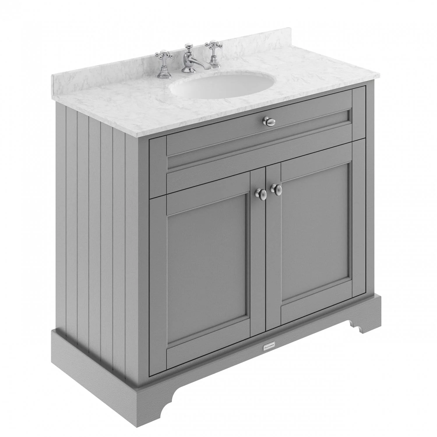 Hudson Reed Old London 1000mm 2-Door Vanity Unit & Single Bowl Grey Marble Top 3 Tap Hole - Storm Grey