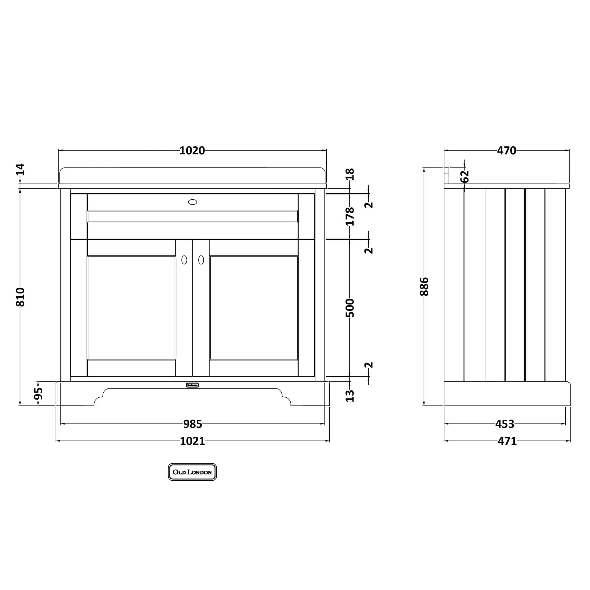 Hudson Reed Old London 1000mm 2-Door Vanity Unit & Single Bowl Grey Marble Top 3 Tap Hole - Timeless Sand - Image 2