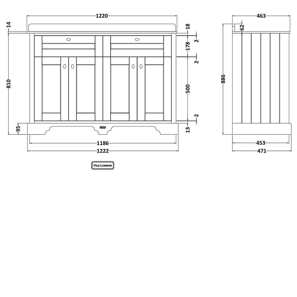Hudson Reed Old London 1200mm 2-Door Vanity Unit & Double Bowl Black Marble Top 3 Tap Holes - Storm Grey - Image 2