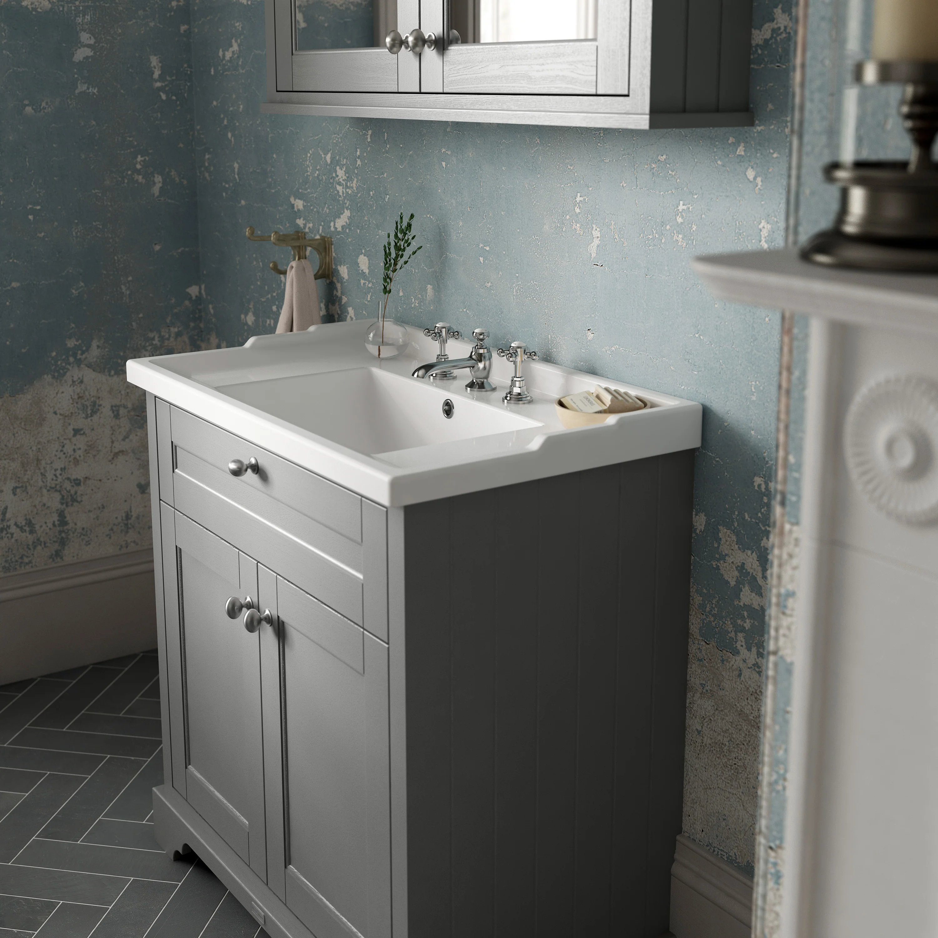 Hudson Reed Old London 600mm 2-Door Vanity Unit & Ceramic 3 Tap Hole Basin - Storm Grey