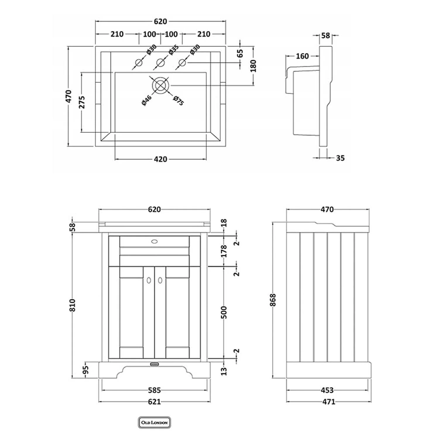 Hudson Reed Old London 600mm 2-Door Vanity Unit & Ceramic 3 Tap Hole Basin - Storm Grey - Image 3