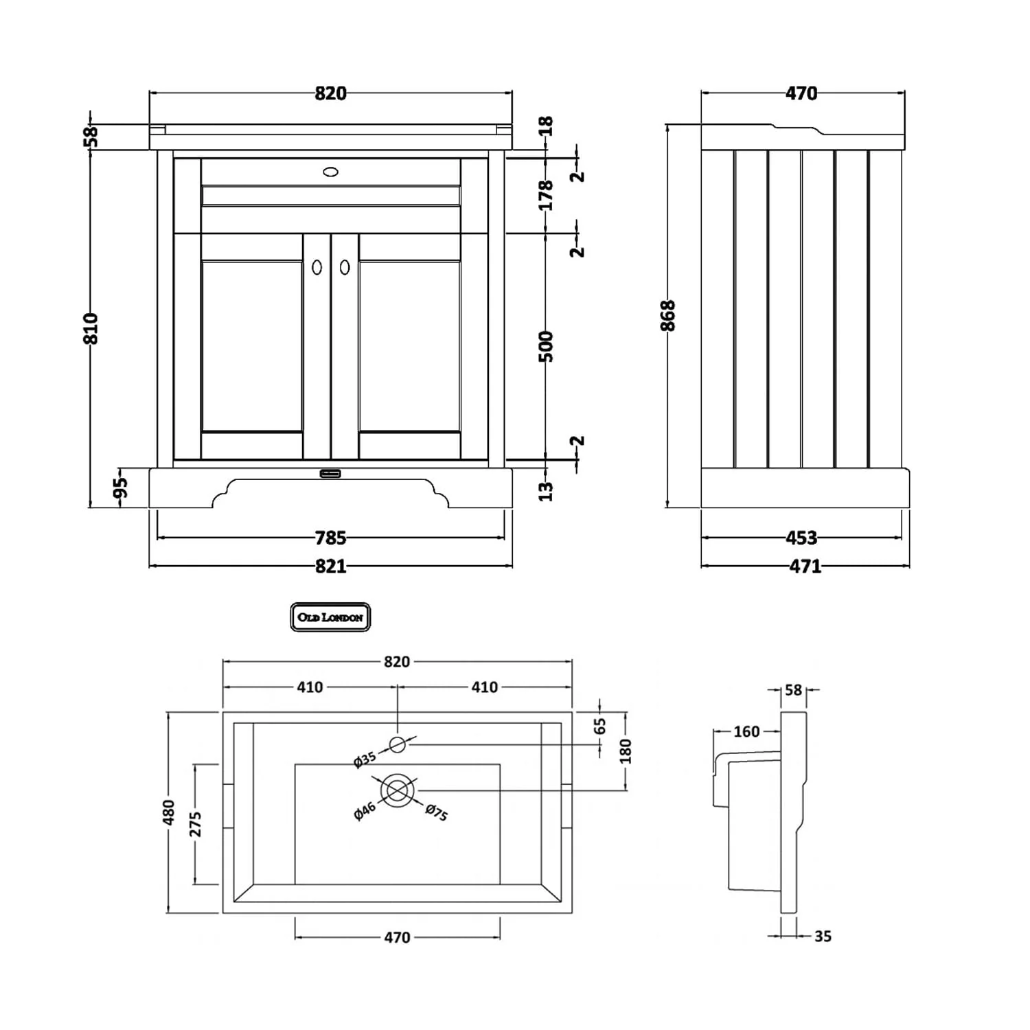 Hudson Reed Old London 800mm 2-Door Vanity Unit & Ceramic 3 Tap Hole Basin - Twilight Blue - Image 2