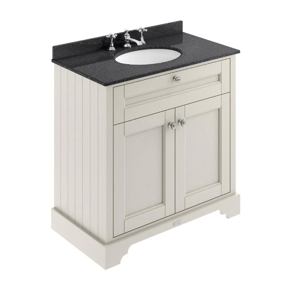 Hudson Reed Old London 800mm 2-Door Vanity Unit & Single Bowl Black Marble Top 3 Tap Hole - Timeless Sand