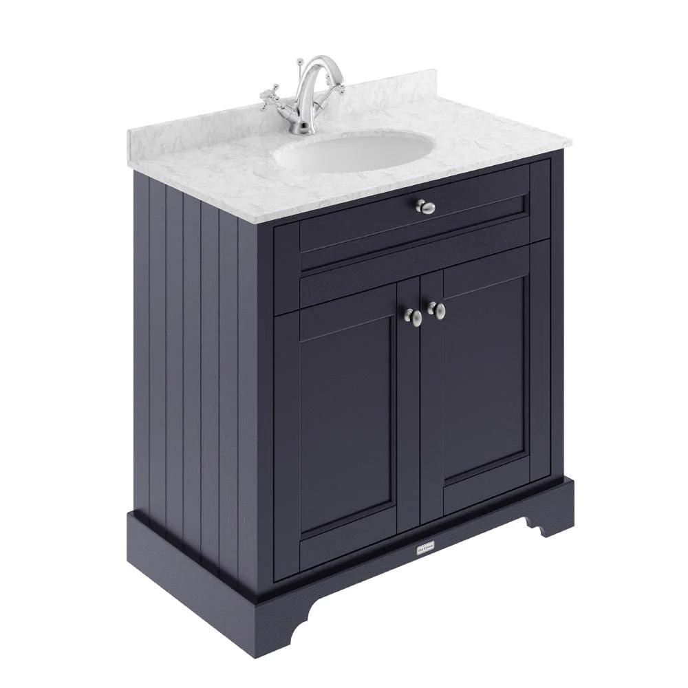 Hudson Reed Old London 800mm 2-Door Vanity Unit & Single Bowl Grey Marble Top 1 Tap Hole - Twilight Blue