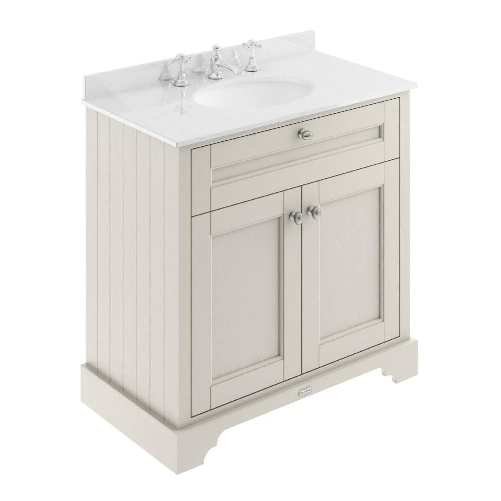 Hudson Reed Old London 800mm 2-Door Vanity Unit & Single Bowl White Marble Top 3 Tap Holes - Timeless Sand