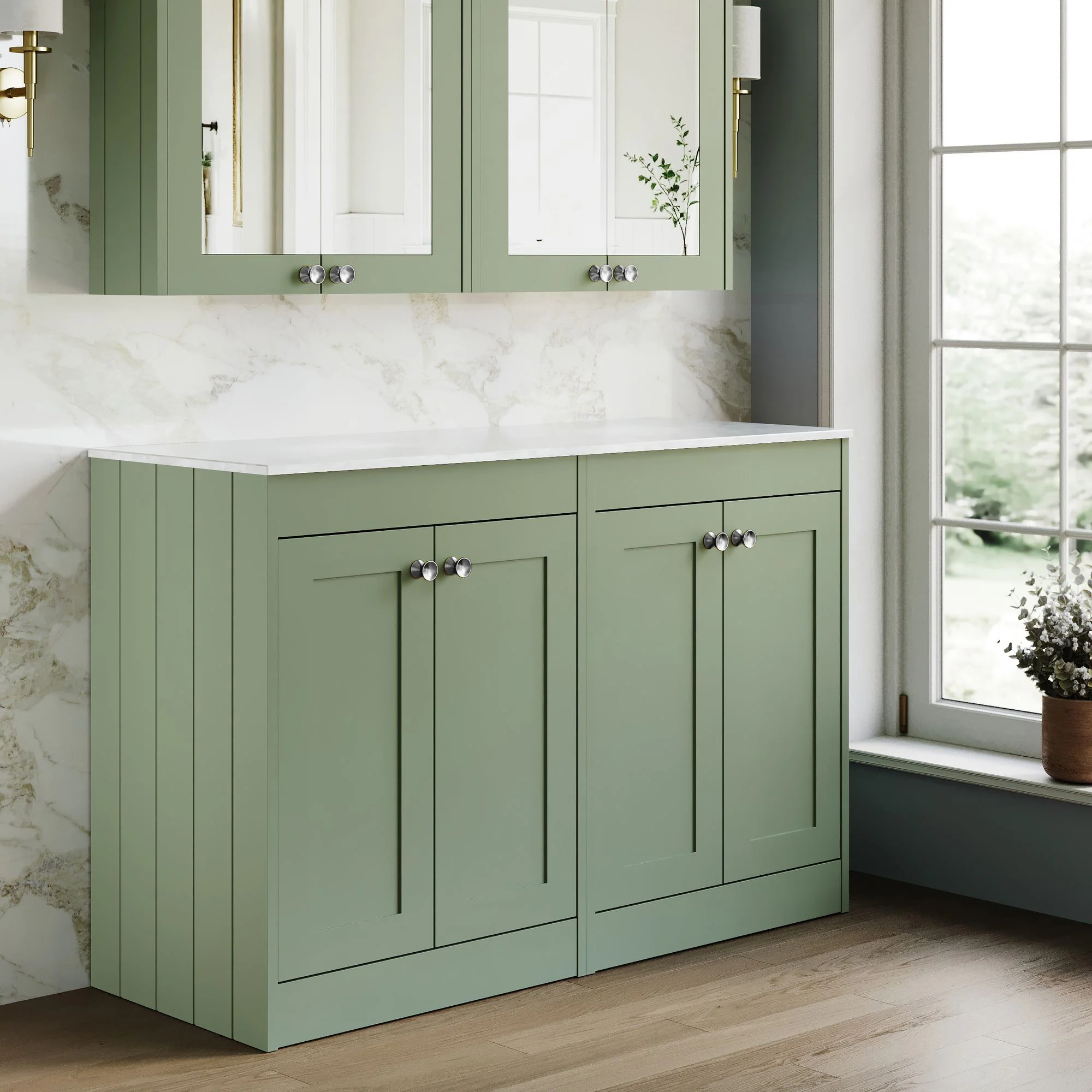 Farlow Shaker Floor Standing 1200mm 4-Door Vanity with Marble Countertop - Satin Green - Image 5