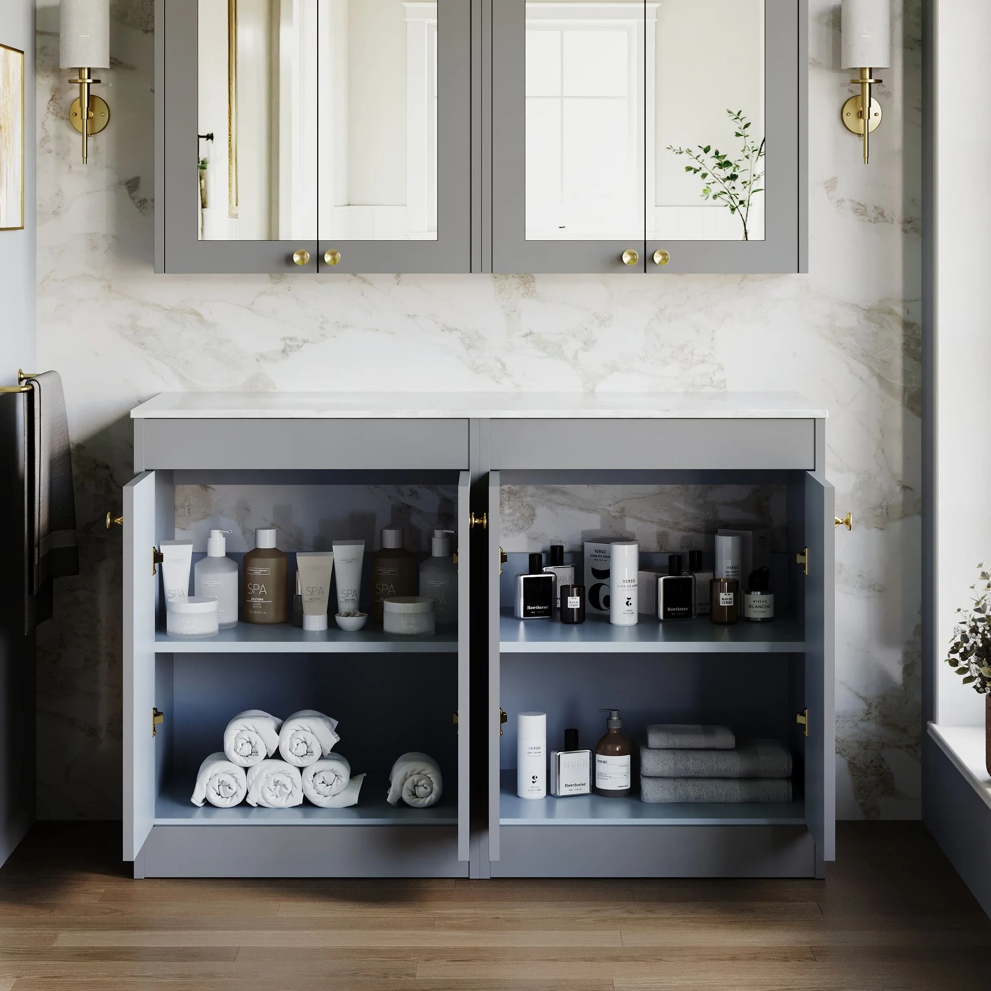 Farlow Shaker Floor Standing 1200mm 4-Door Vanity with Marble Countertop - Satin Grey - Image 3