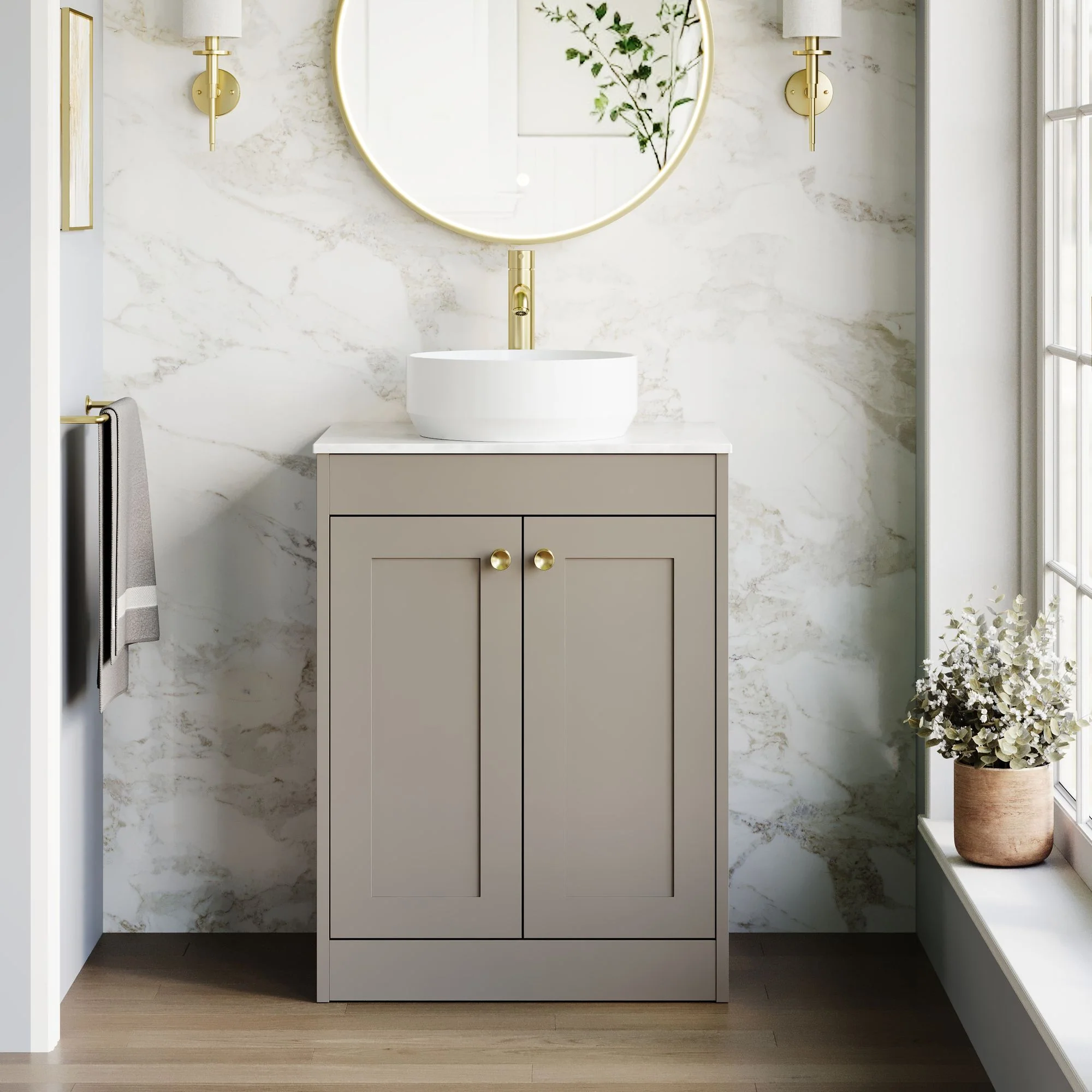 Farlow Shaker Floor Standing 600mm 2-Door Vanity with Marble Countertop - Pebble Grey
