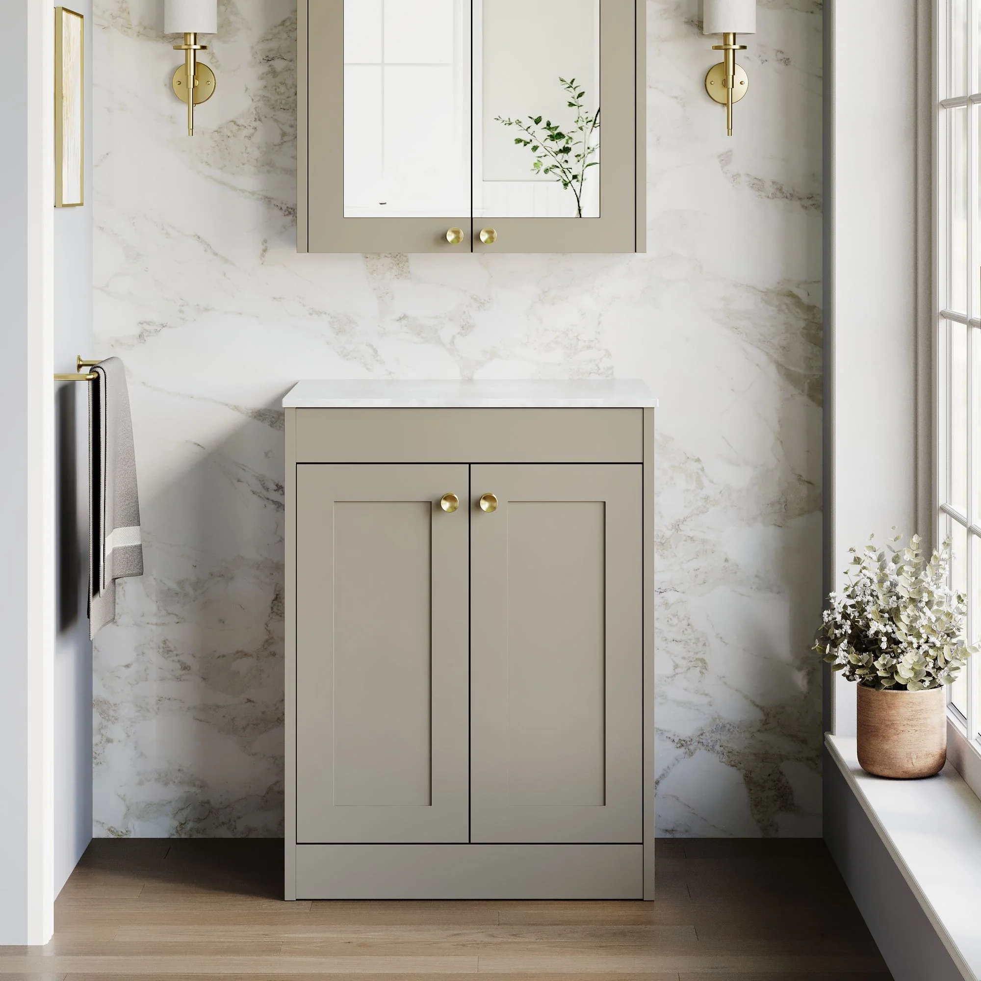 Farlow Shaker Floor Standing 600mm 2-Door Vanity with Marble Countertop - Pebble Grey - Image 2