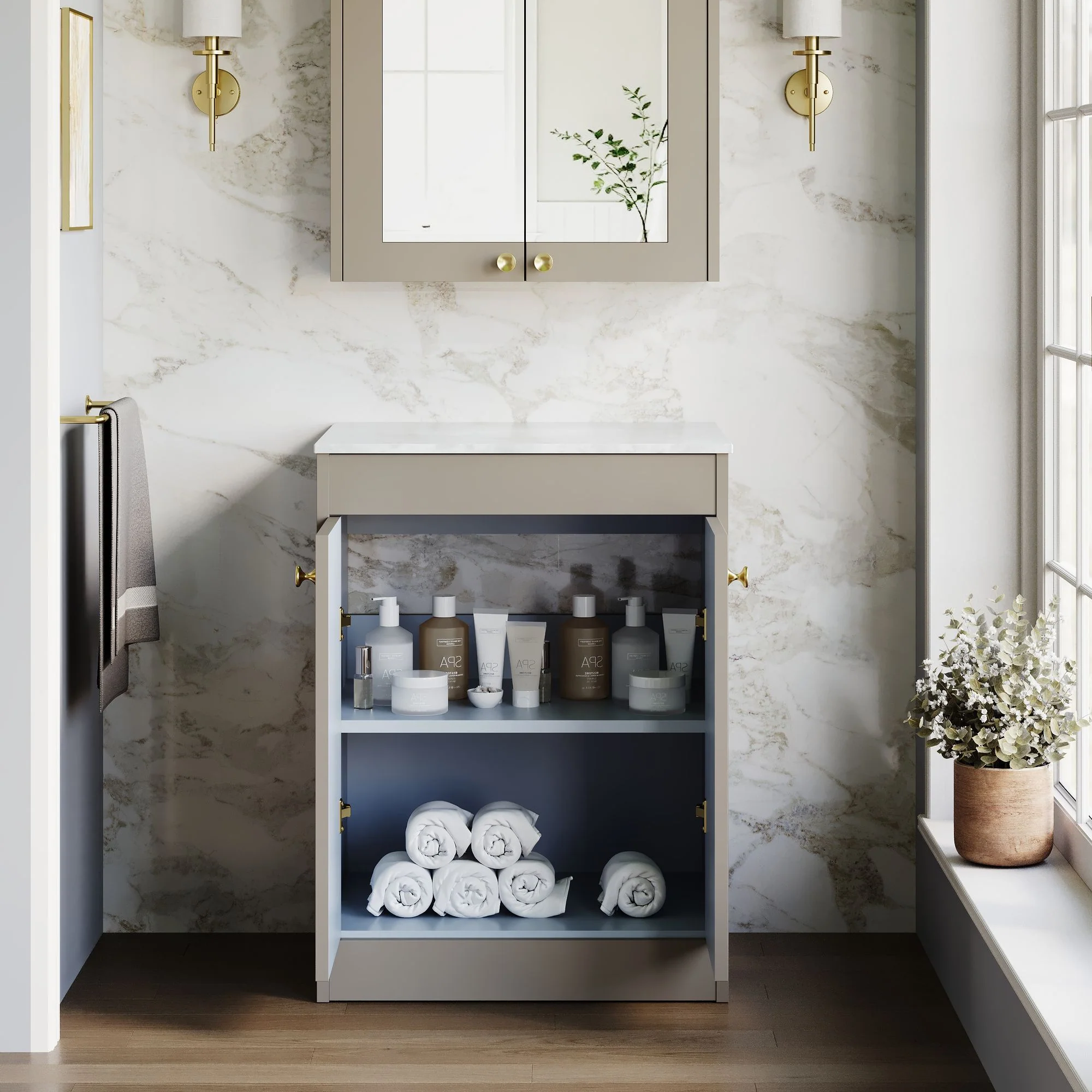 Farlow Shaker Floor Standing 600mm 2-Door Vanity with Marble Countertop - Pebble Grey - Image 3