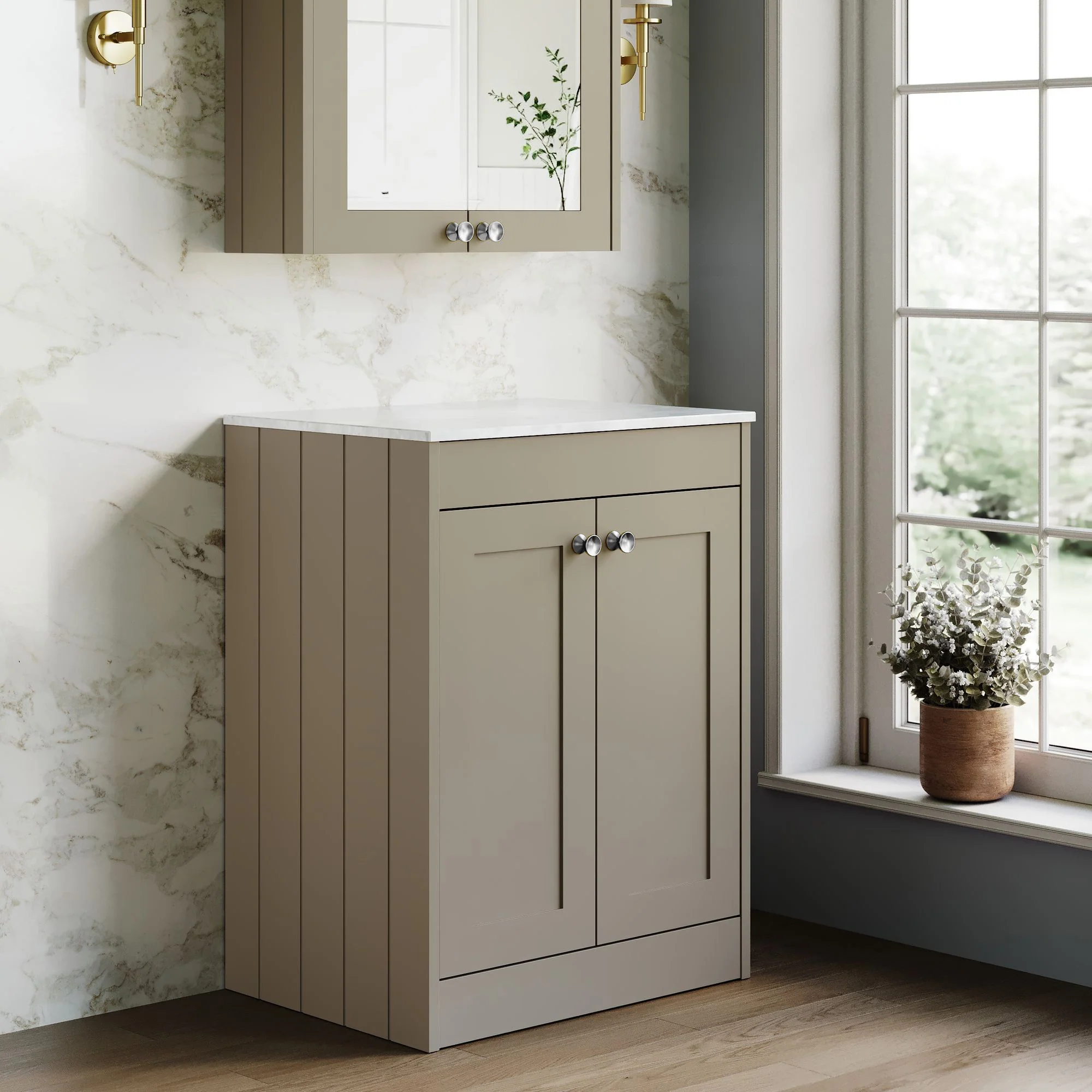Farlow Shaker Floor Standing 600mm 2-Door Vanity with Marble Countertop - Pebble Grey - Image 5