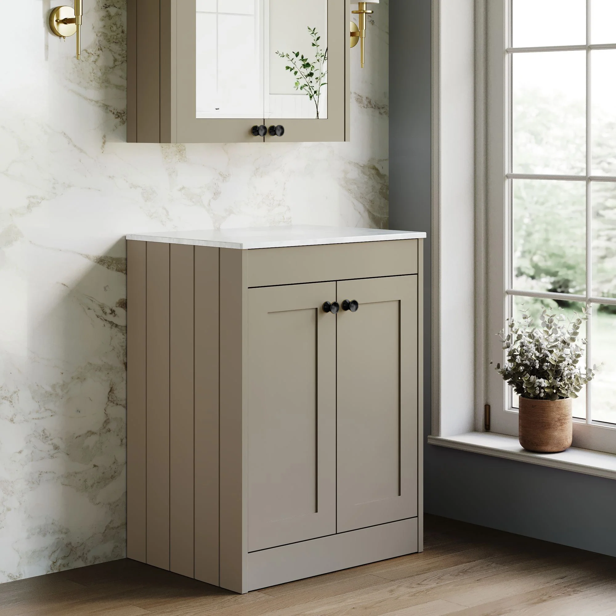 Farlow Shaker Floor Standing 600mm 2-Door Vanity with Marble Countertop - Pebble Grey - Image 6