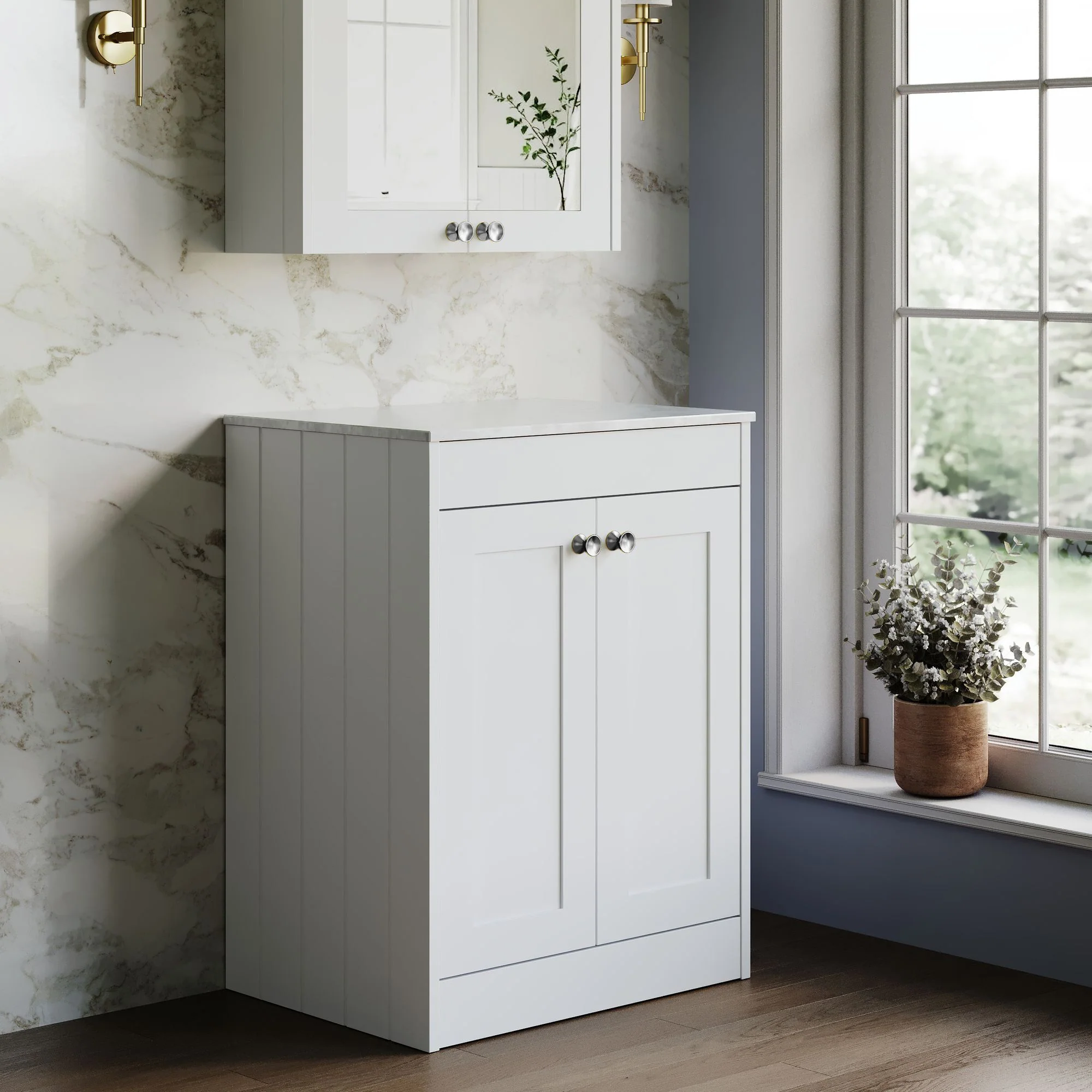 Farlow Shaker Floor Standing 600mm 2-Door Vanity with Marble Countertop - Satin White - Image 5