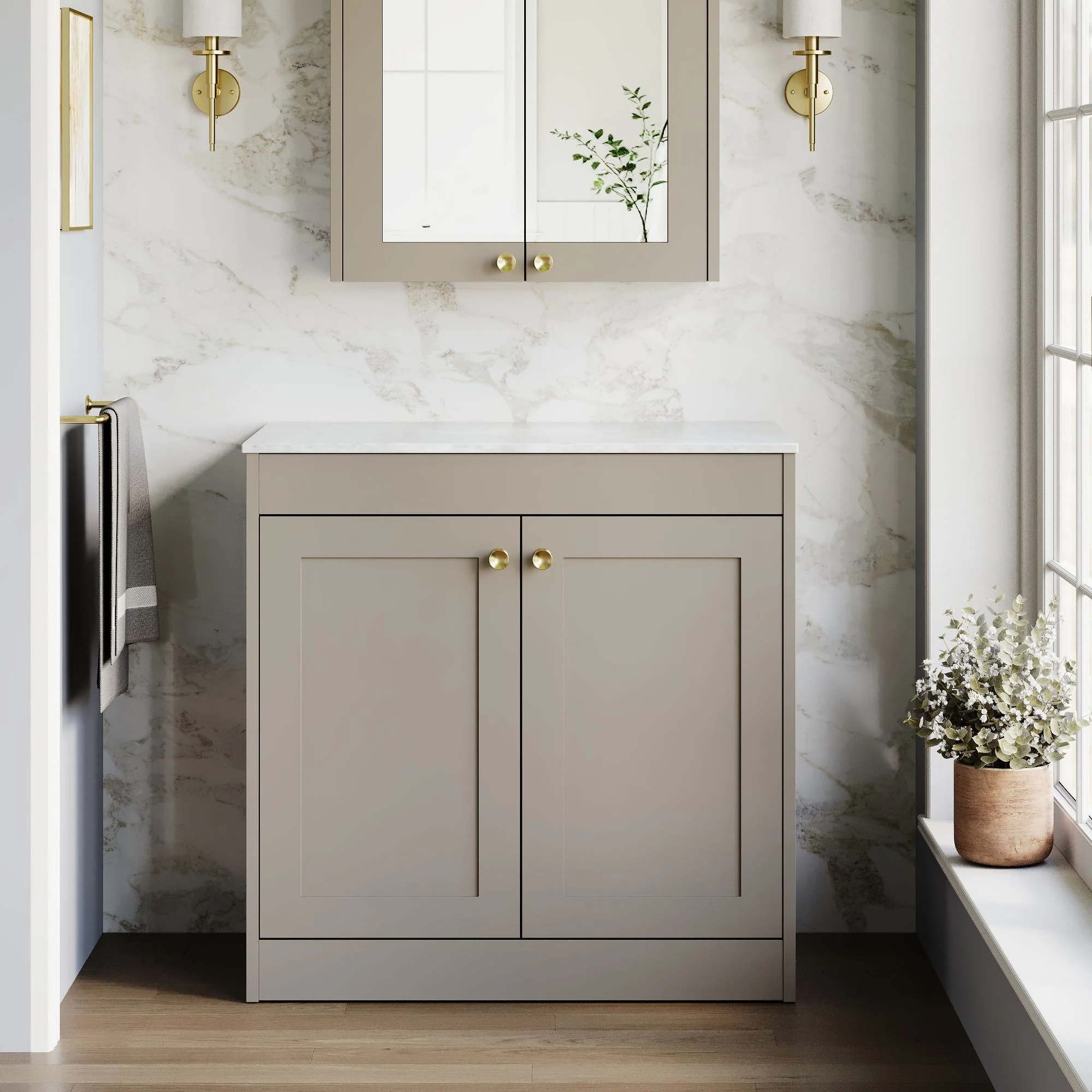 Farlow Shaker Floor Standing 800mm 2-Door Vanity with Marble Countertop - Pebble Grey - Image 2