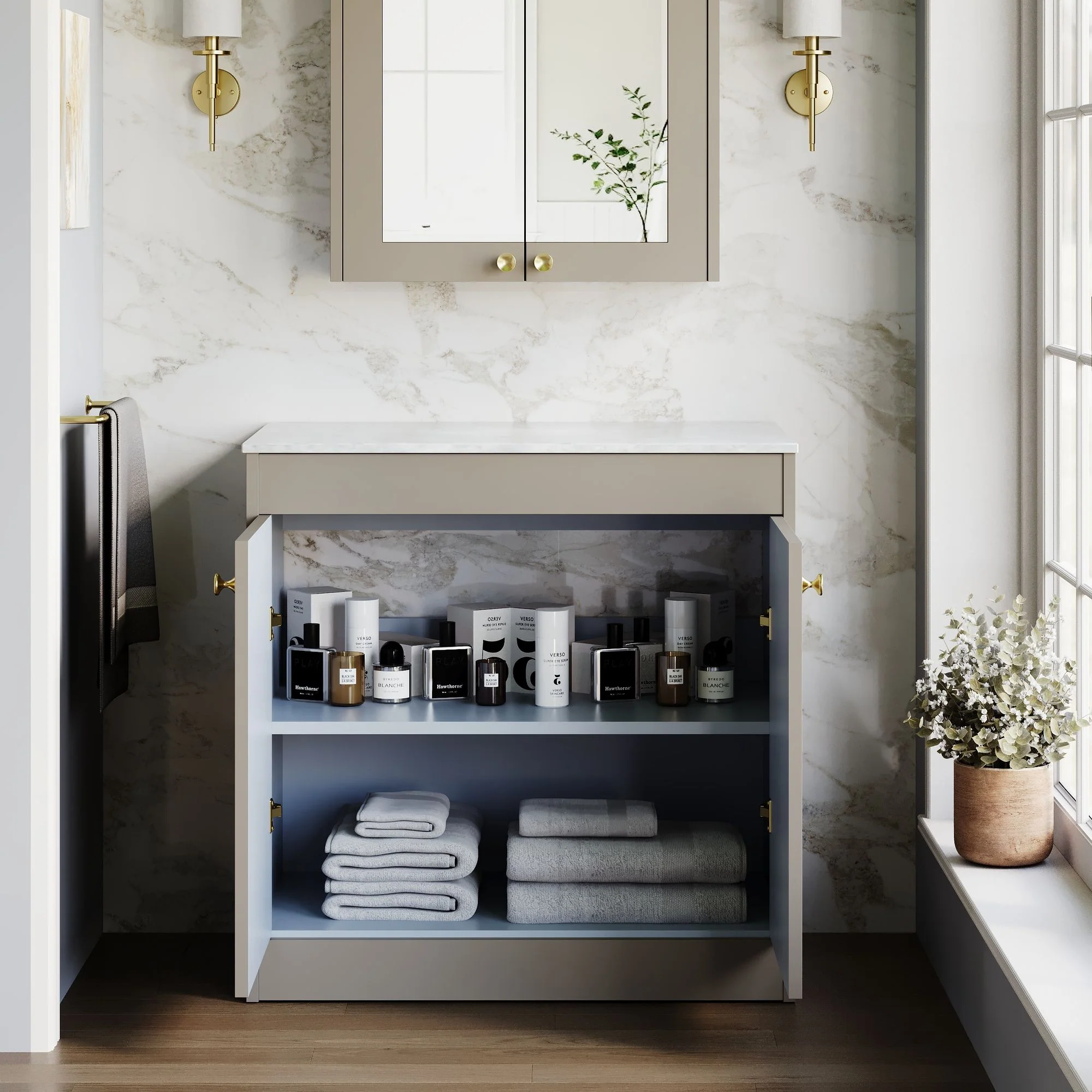 Farlow Shaker Floor Standing 800mm 2-Door Vanity with Marble Countertop - Pebble Grey - Image 4