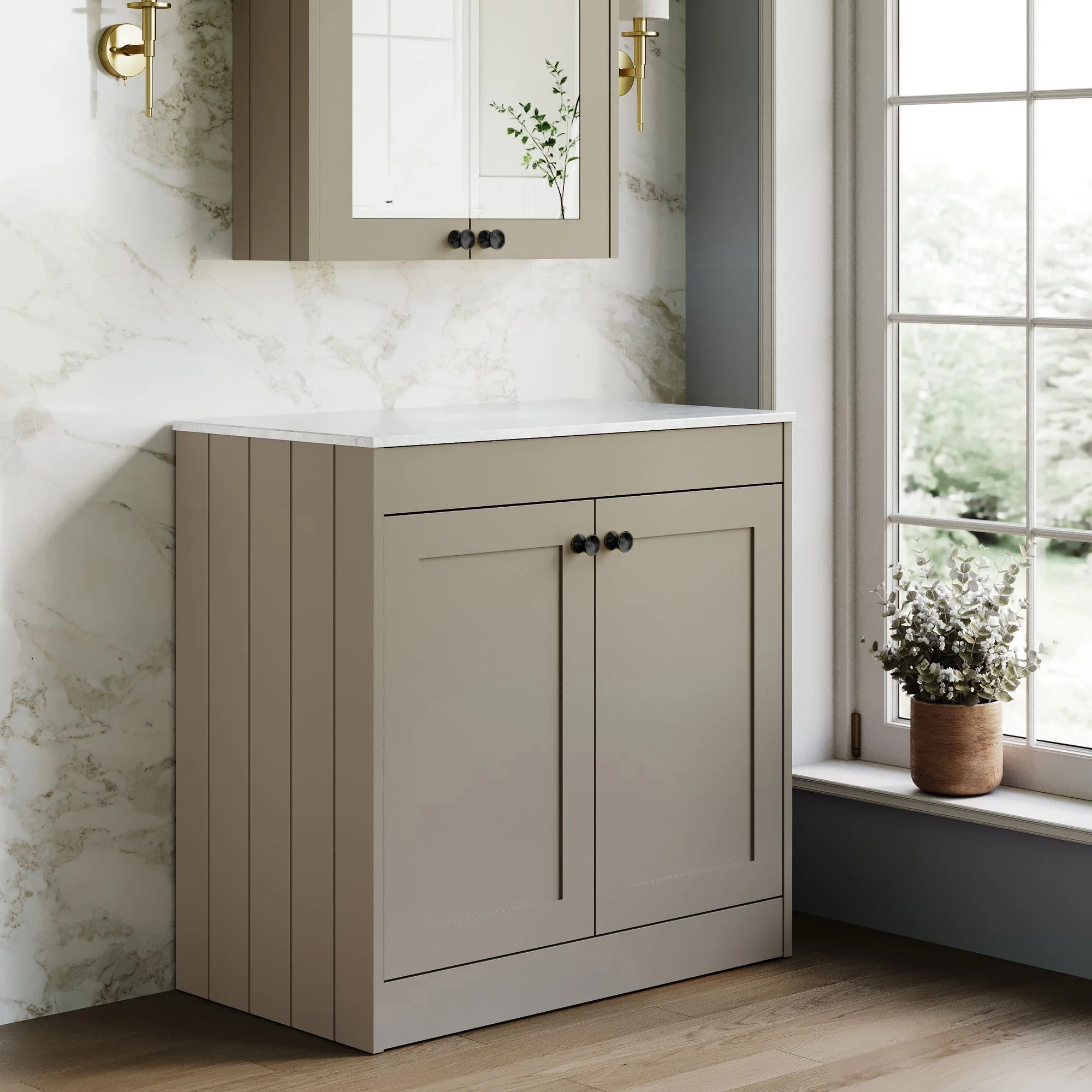 Farlow Shaker Floor Standing 800mm 2-Door Vanity with Marble Countertop - Pebble Grey - Image 5
