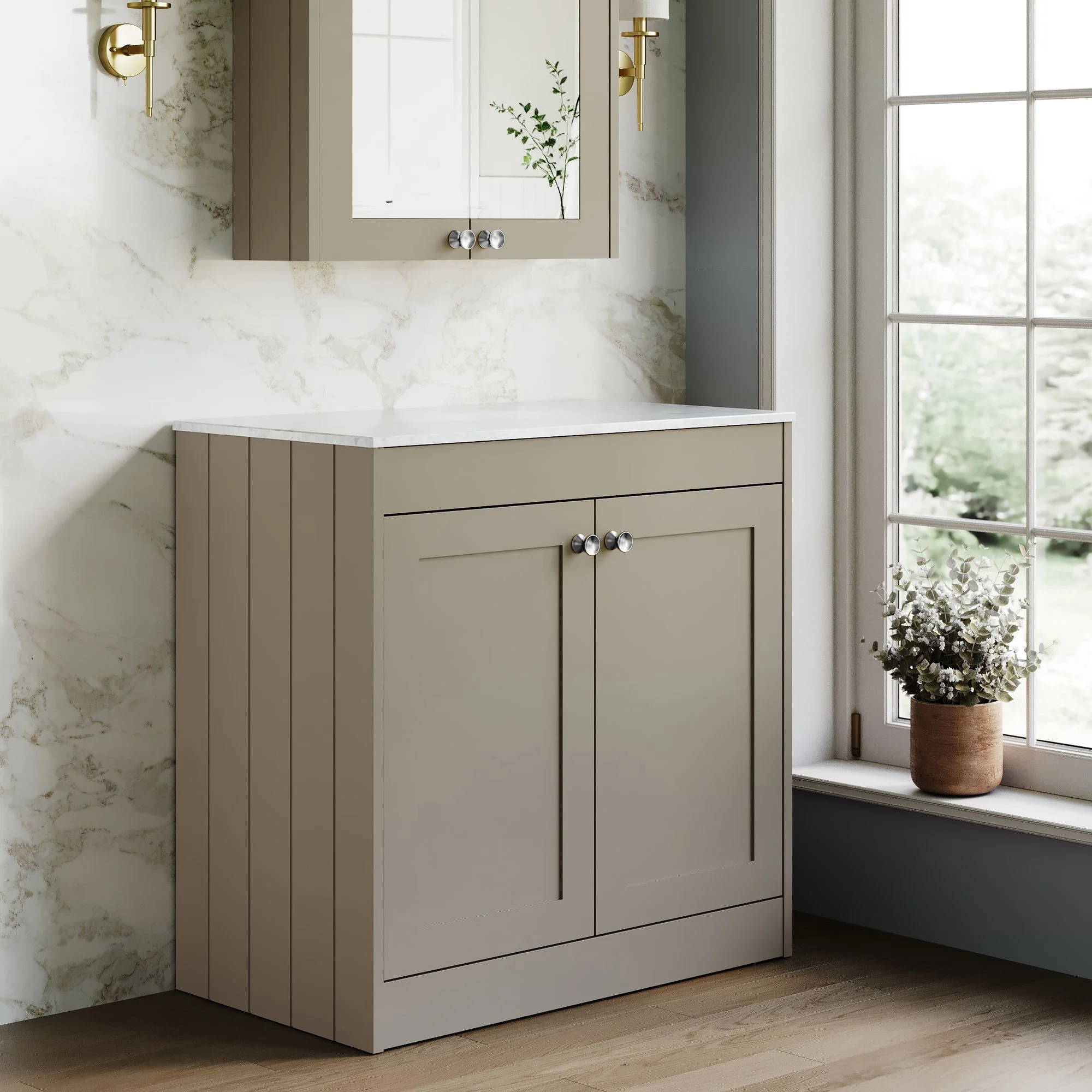 Farlow Shaker Floor Standing 800mm 2-Door Vanity with Marble Countertop - Pebble Grey - Image 6