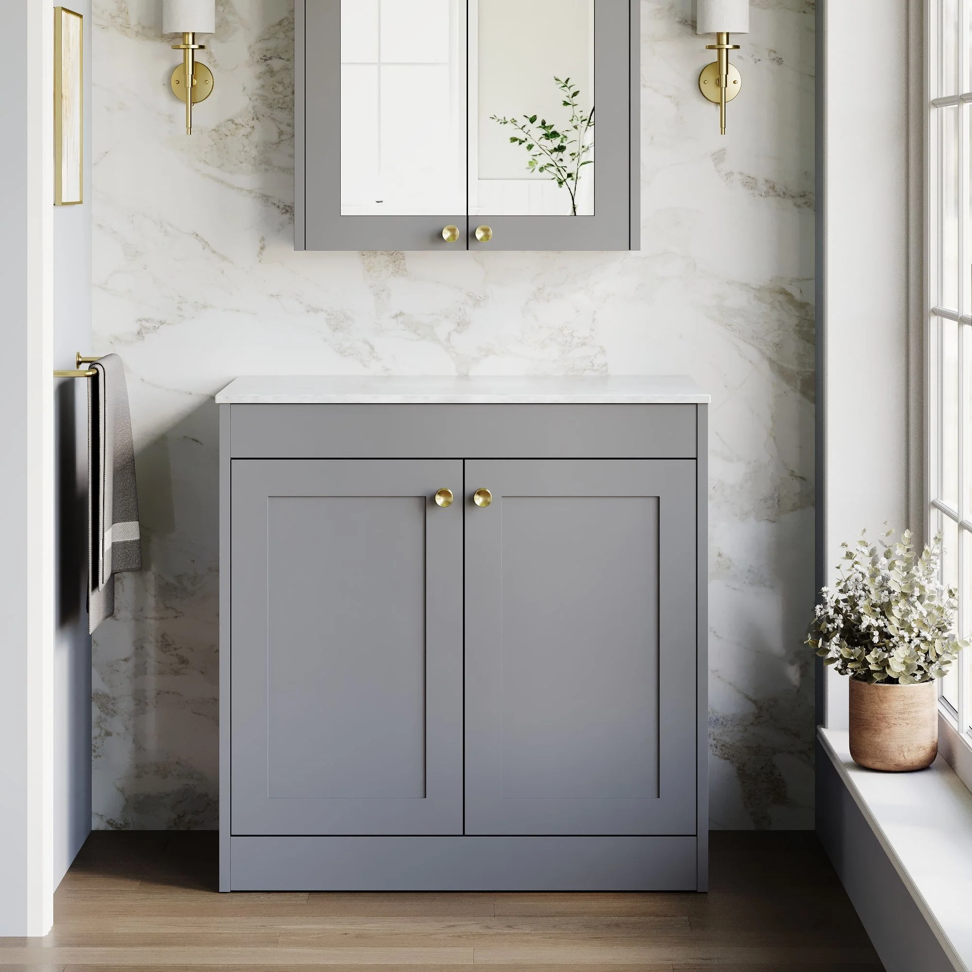 Farlow Shaker Floor Standing 800mm 2-Door Vanity with Marble Countertop - Satin Grey - Image 2